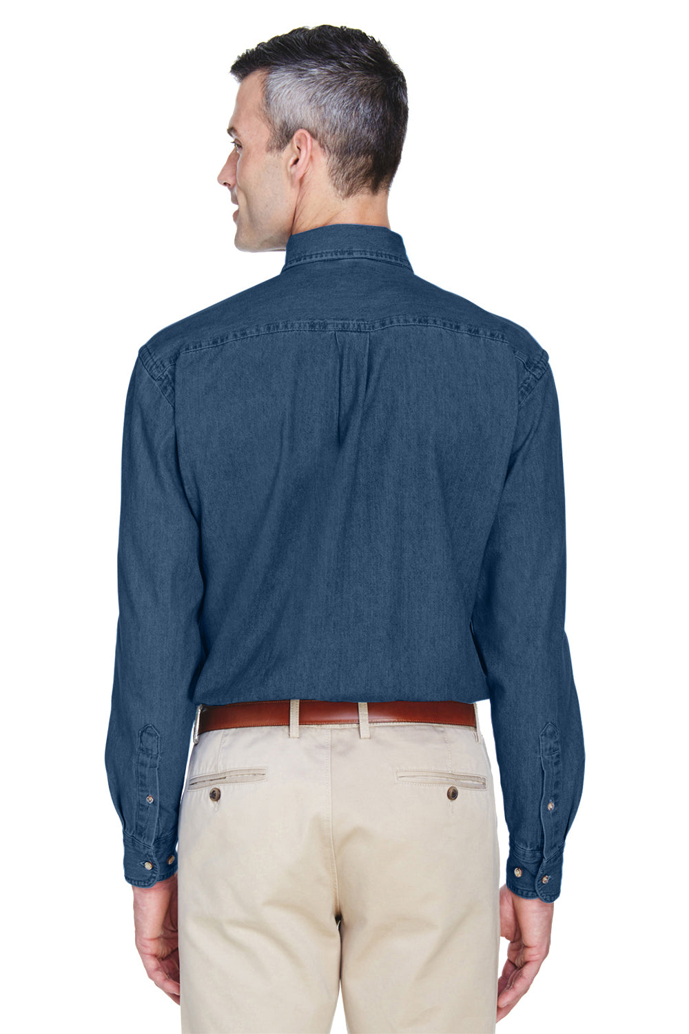 Harriton M550/M550T Mens Denim Long Sleeve Button Down Shirt w/ Pocket Dark Denim Model Back