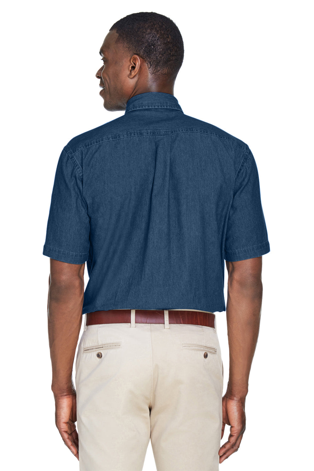 Harriton M550S Mens Denim Short Sleeve Button Down Shirt w/ Pocket Dark Denim Model Back