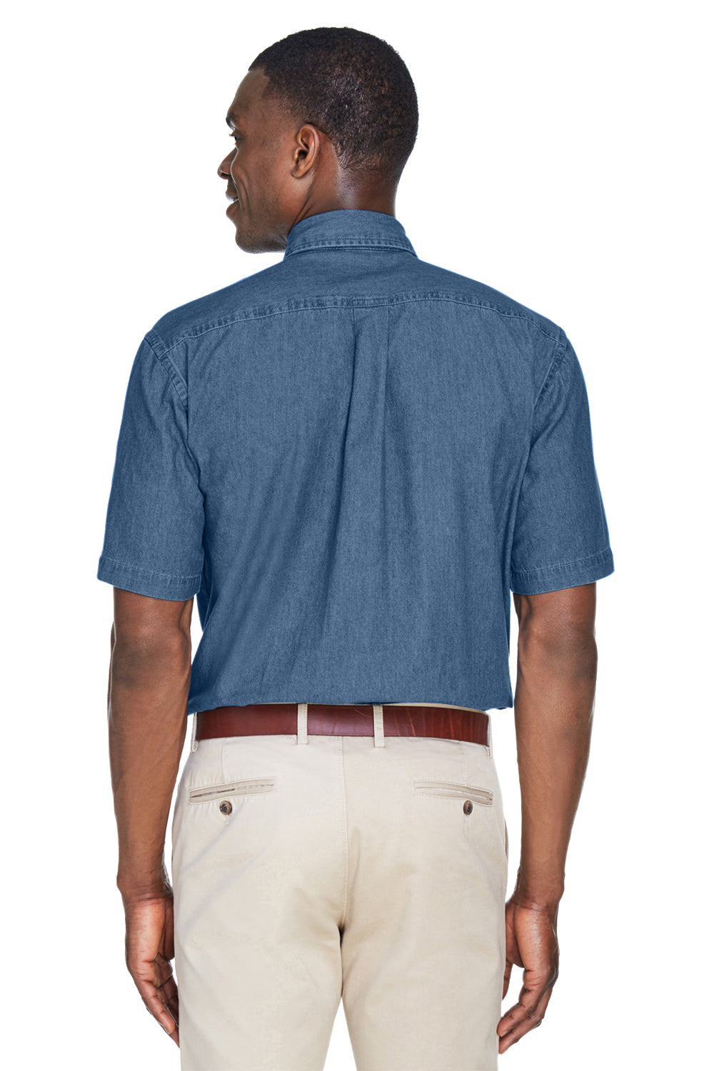 Harriton M550S Mens Denim Short Sleeve Button Down Shirt w/ Pocket Light Denim Model Back