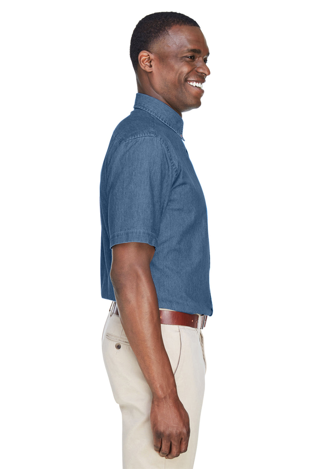 Harriton M550S Mens Denim Short Sleeve Button Down Shirt w/ Pocket Light Denim Model Side