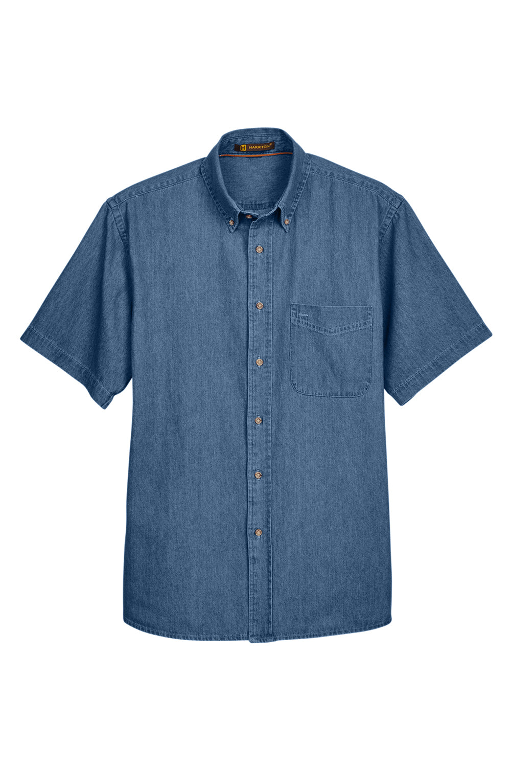 Harriton M550S Mens Denim Short Sleeve Button Down Shirt w/ Pocket Light Denim Flat Front