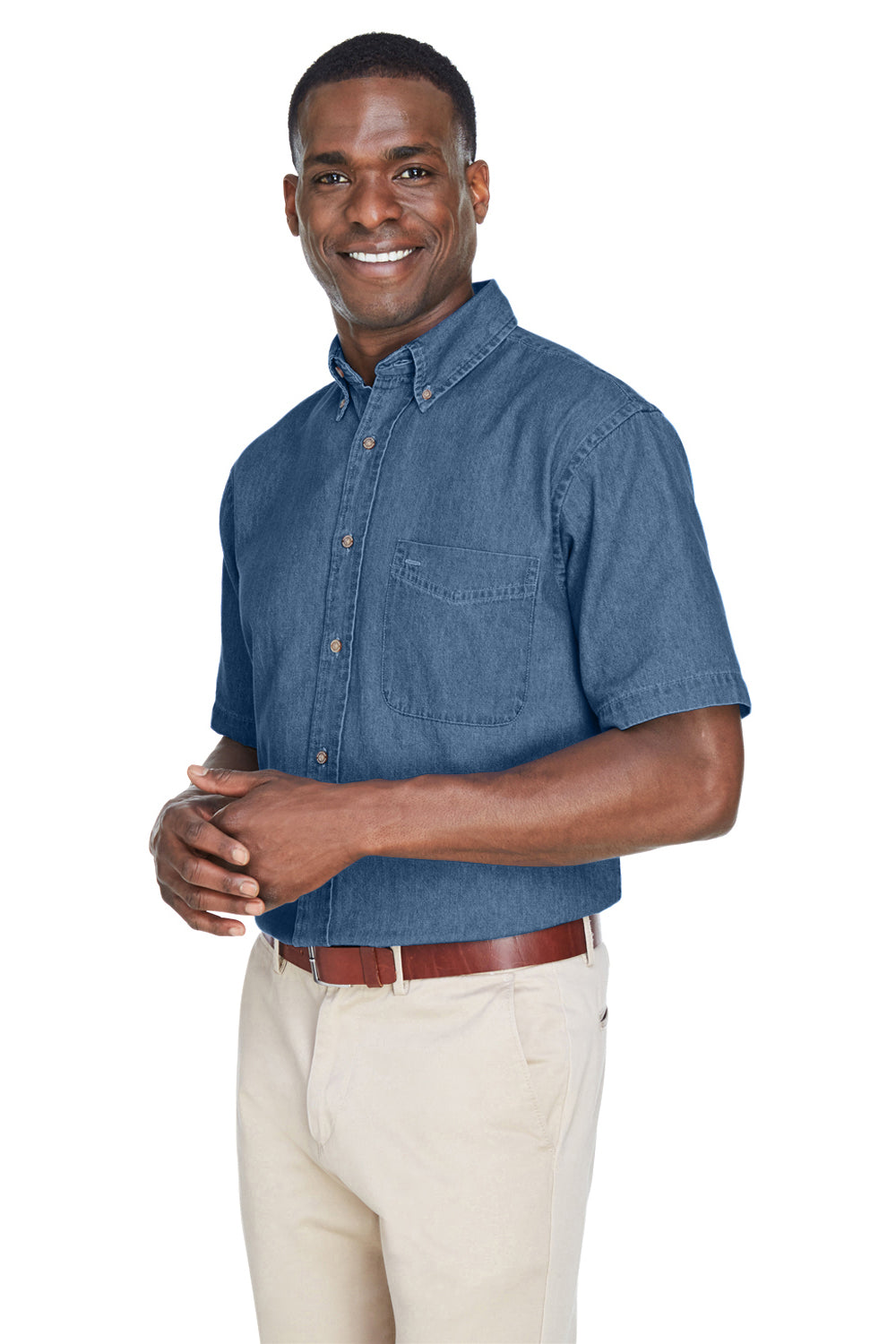 Harriton M550S Mens Denim Short Sleeve Button Down Shirt w/ Pocket Light Denim Model 3q