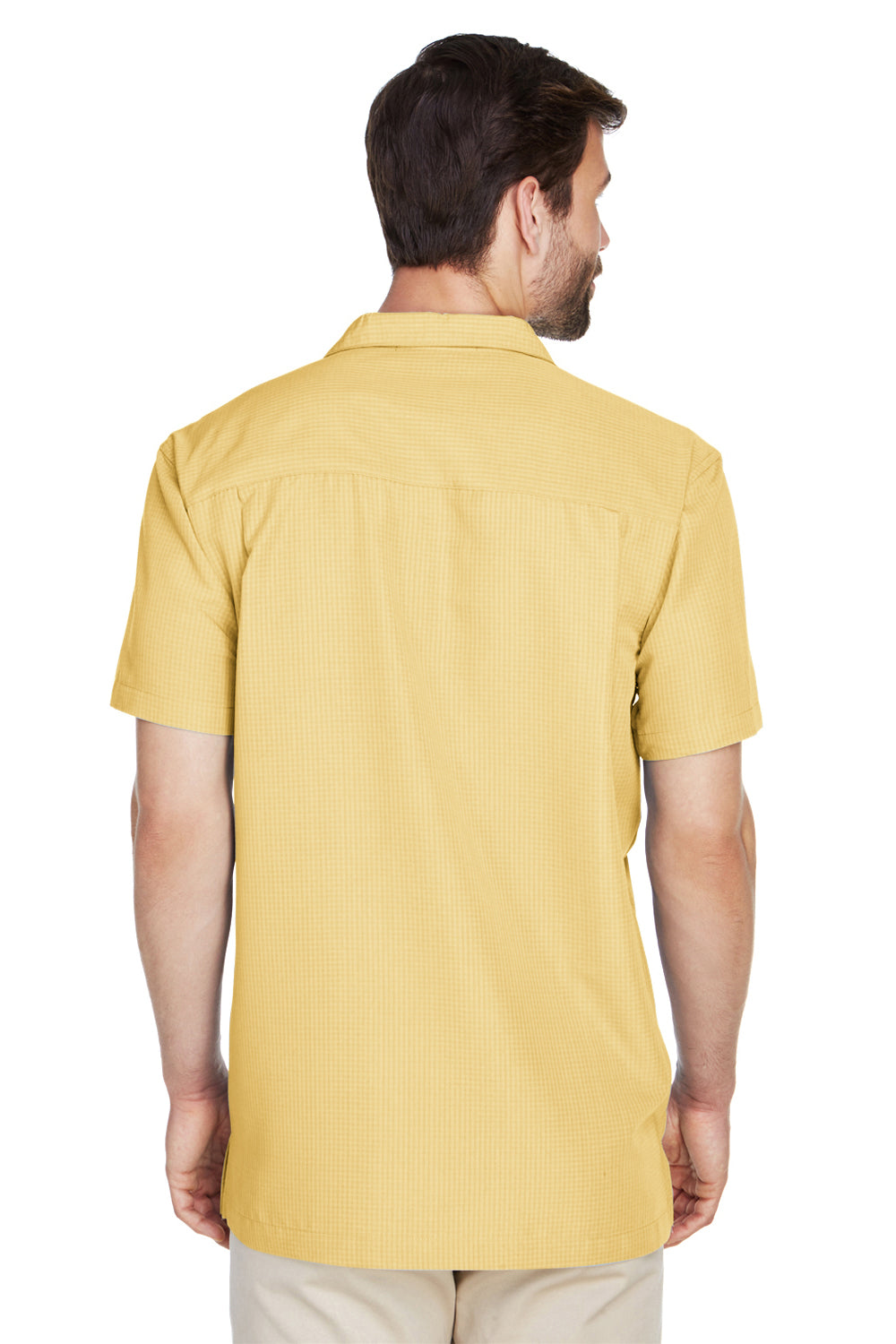 Harriton M560 Mens Barbados Wrinkle Resistant Short Sleeve Button Down Camp Shirt w/ Pocket Pineapple Yellow Model Back