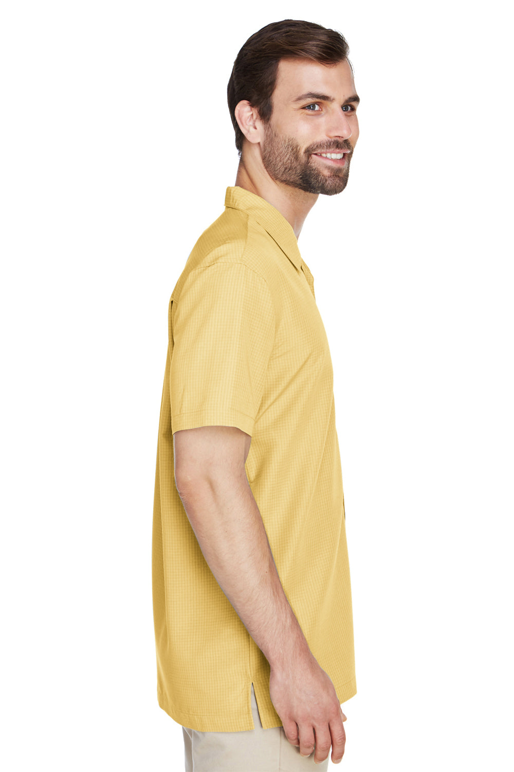 Harriton M560 Mens Barbados Wrinkle Resistant Short Sleeve Button Down Camp Shirt w/ Pocket Pineapple Yellow Model Side