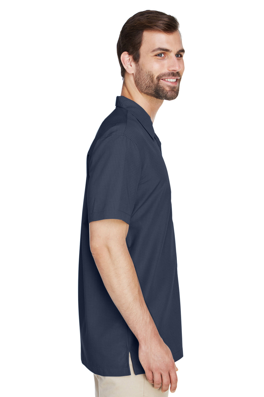 Harriton M560 Mens Barbados Wrinkle Resistant Short Sleeve Button Down Camp Shirt w/ Pocket Navy Blue Model Side