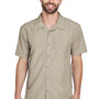 Harriton Mens Barbados Wrinkle Resistant Short Sleeve Button Down Camp Shirt w/ Pocket - Khaki