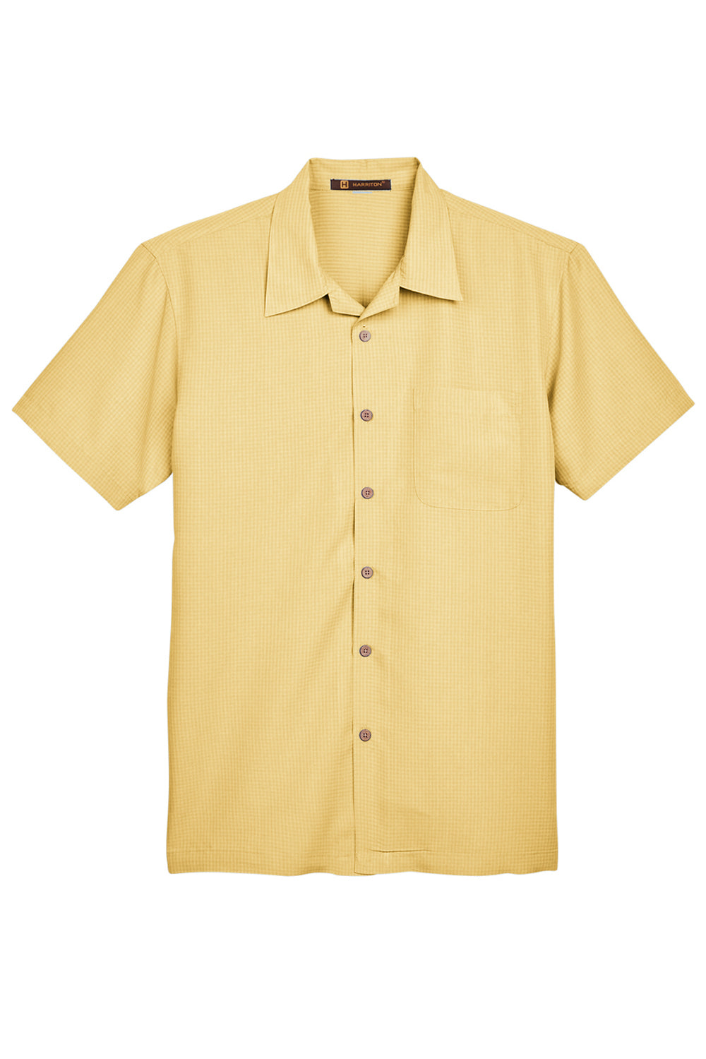 Harriton M560 Mens Barbados Wrinkle Resistant Short Sleeve Button Down Camp Shirt w/ Pocket Pineapple Yellow Flat Front