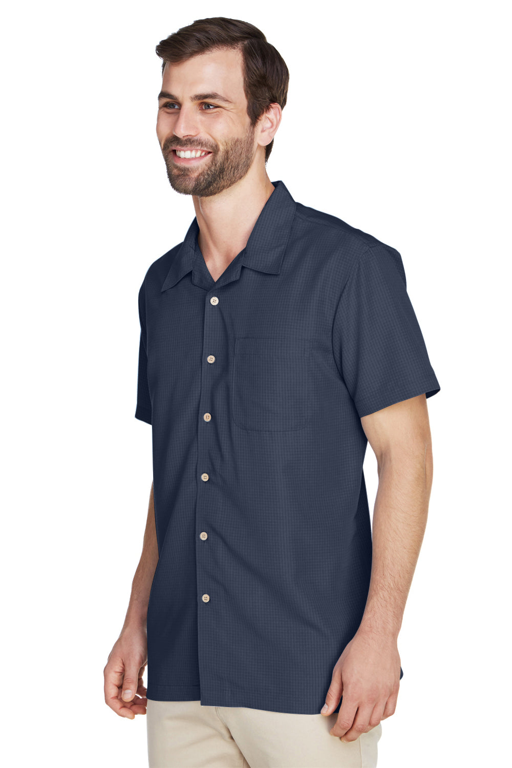 Harriton M560 Mens Barbados Wrinkle Resistant Short Sleeve Button Down Camp Shirt w/ Pocket Navy Blue Model 3q