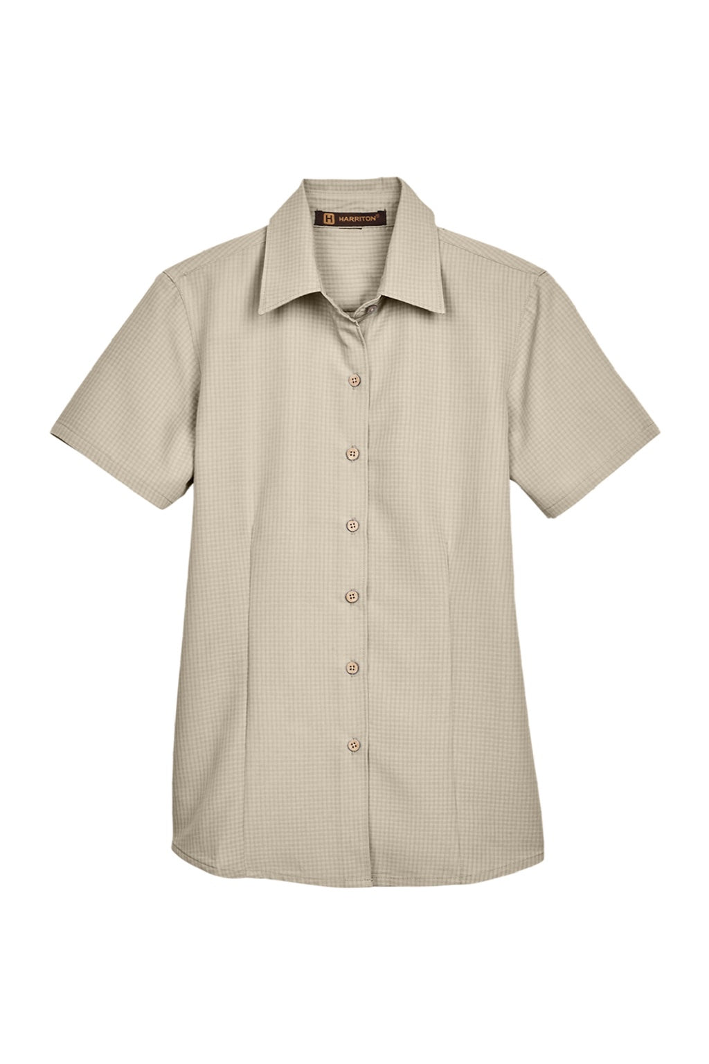 Harriton M560W Womens Barbados Wrinkle Resistant Short Sleeve Button Down Camp Shirt Khaki Brown Flat Front