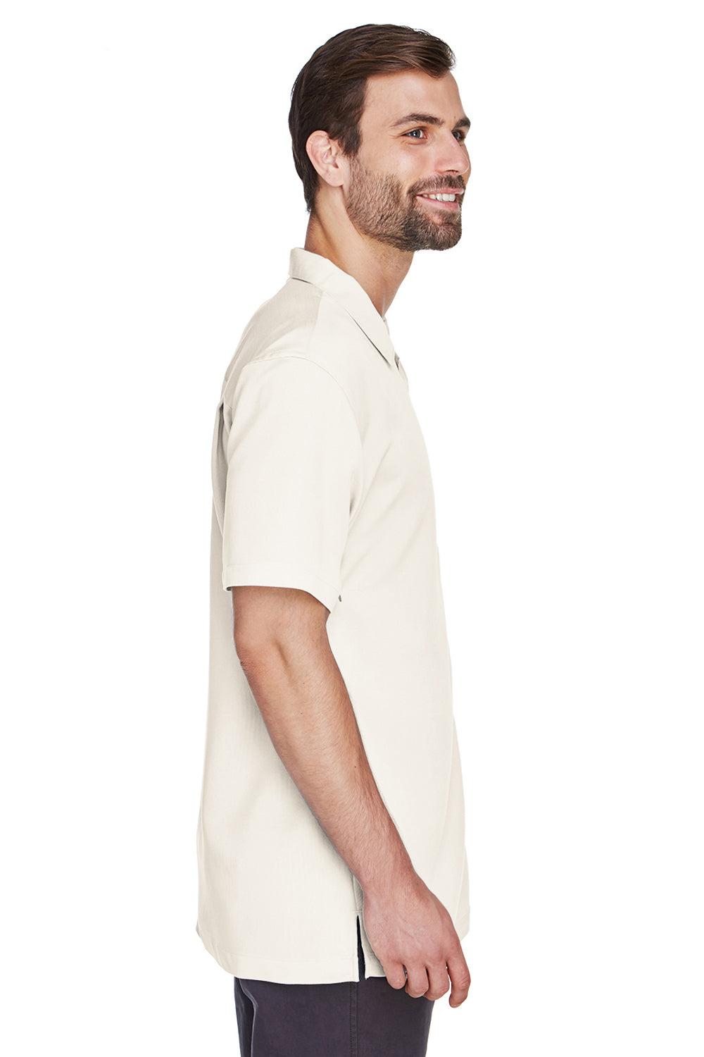 Harriton M570 Mens Bahama Wrinkle Resistant Short Sleeve Button Down Camp Shirt w/ Pocket Cream Model Side