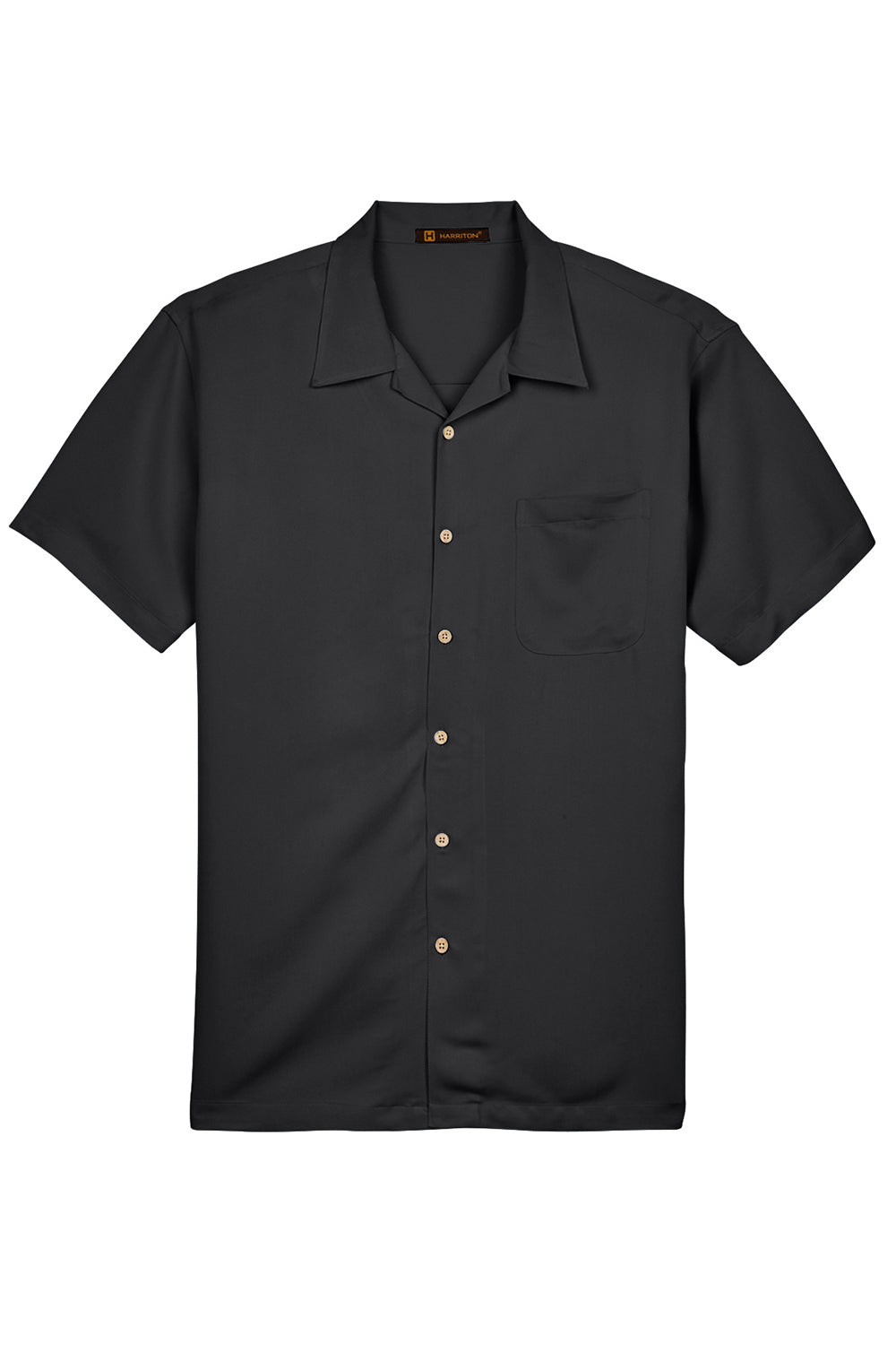Harriton M570 Mens Bahama Wrinkle Resistant Short Sleeve Button Down Camp Shirt w/ Pocket Black Flat Front