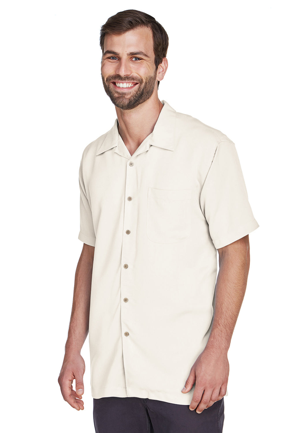 Harriton M570 Mens Bahama Wrinkle Resistant Short Sleeve Button Down Camp Shirt w/ Pocket Cream Model 3q