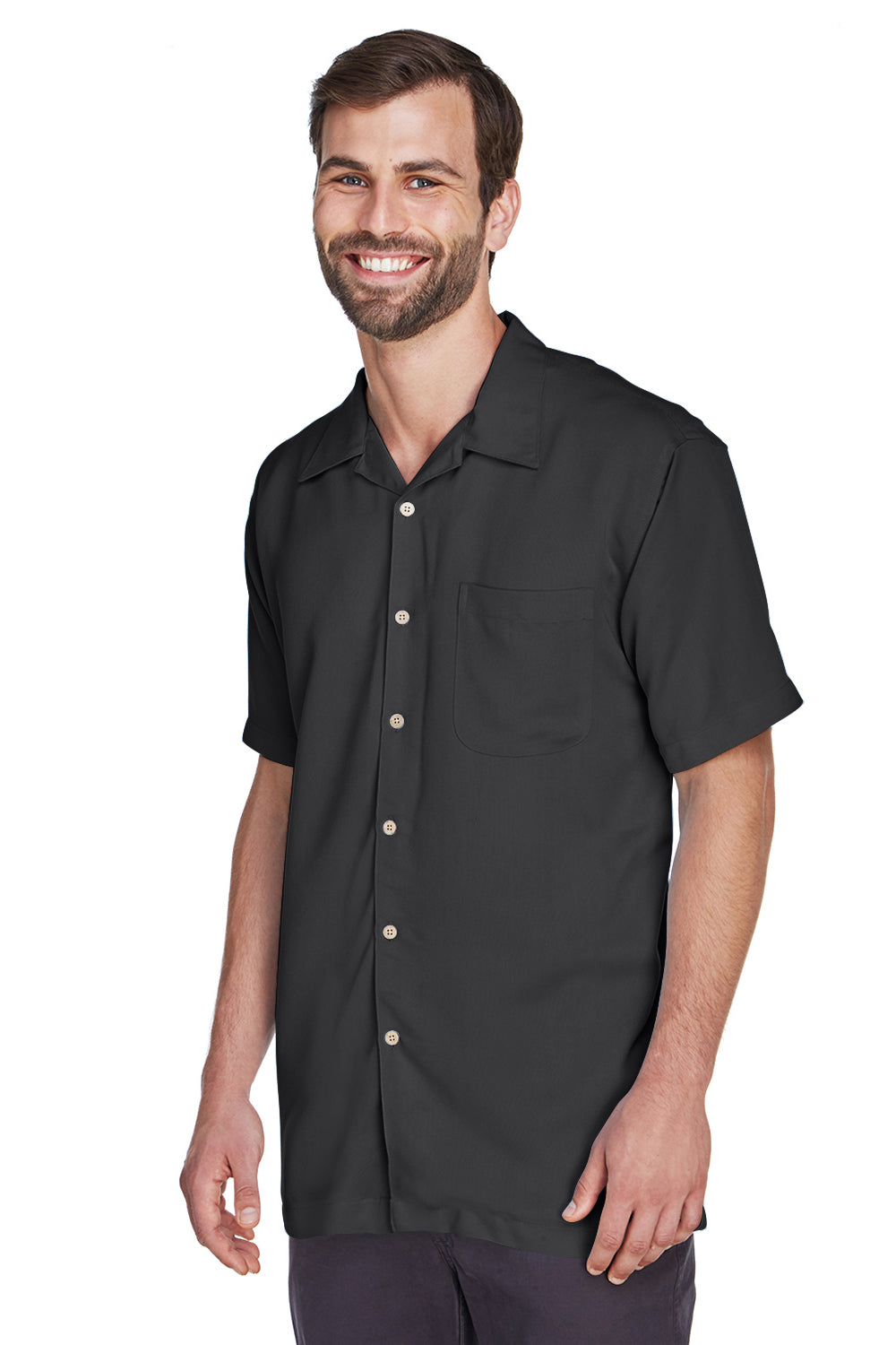 Harriton M570 Mens Bahama Wrinkle Resistant Short Sleeve Button Down Camp Shirt w/ Pocket Black Model 3q