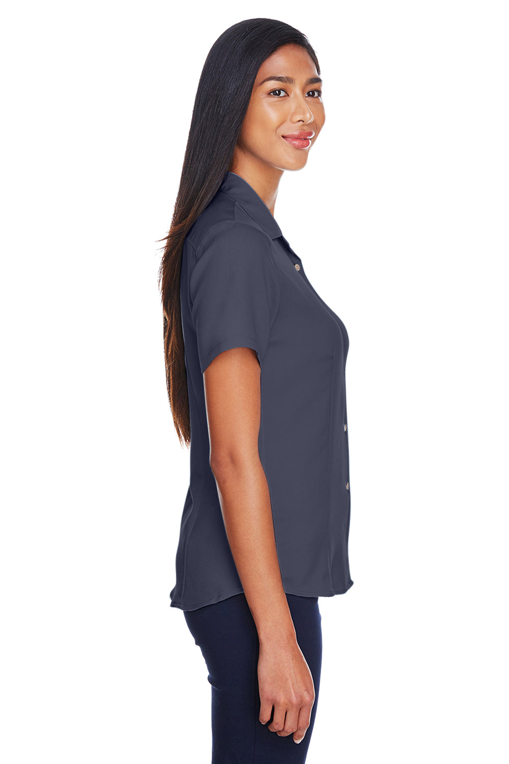 Harriton M570W Womens Bahama Wrinkle Resistant Short Sleeve Button Down Camp Shirt Navy Blue Model Side