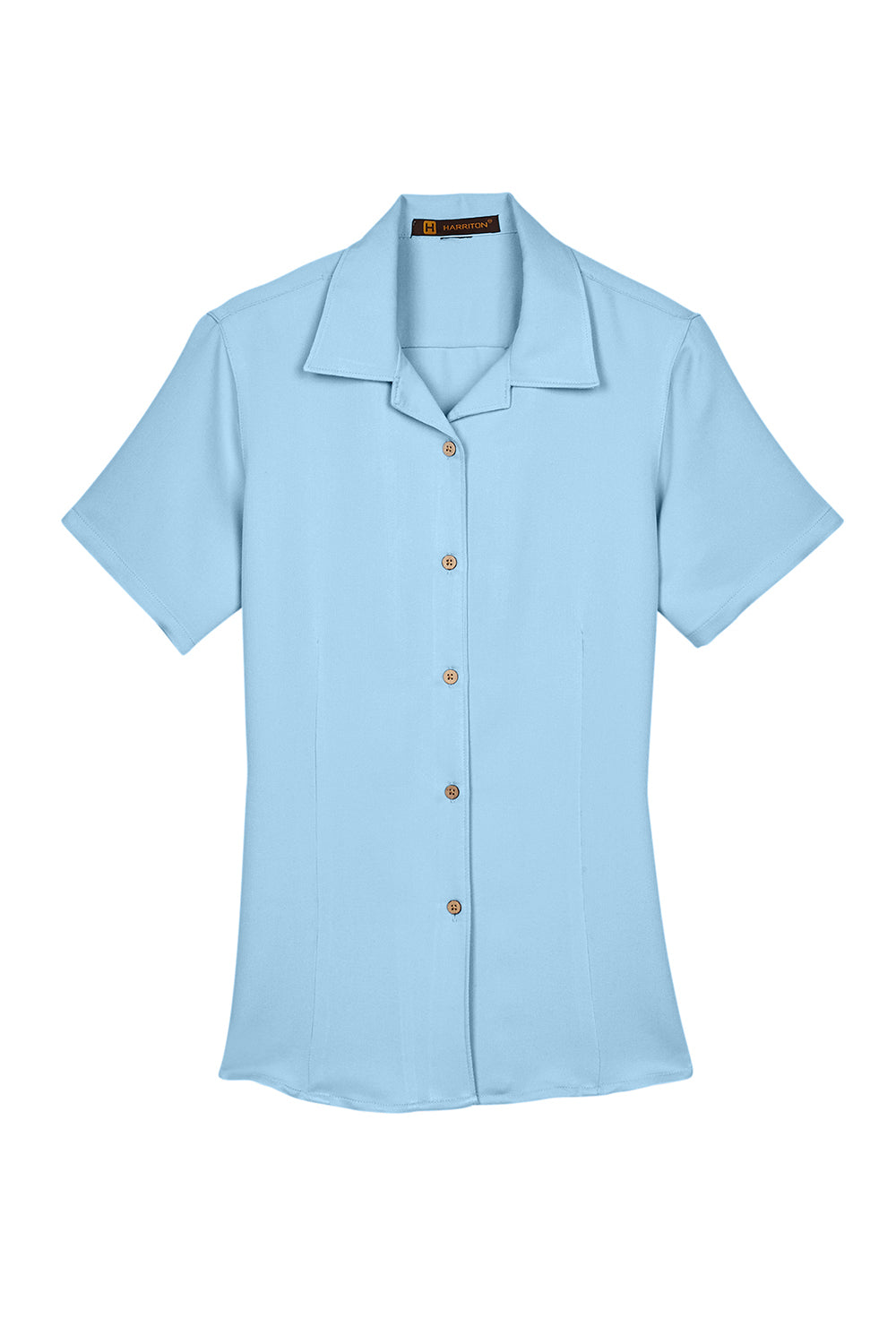 Harriton M570W Womens Bahama Wrinkle Resistant Short Sleeve Button Down Camp Shirt Cloud Blue Flat Front