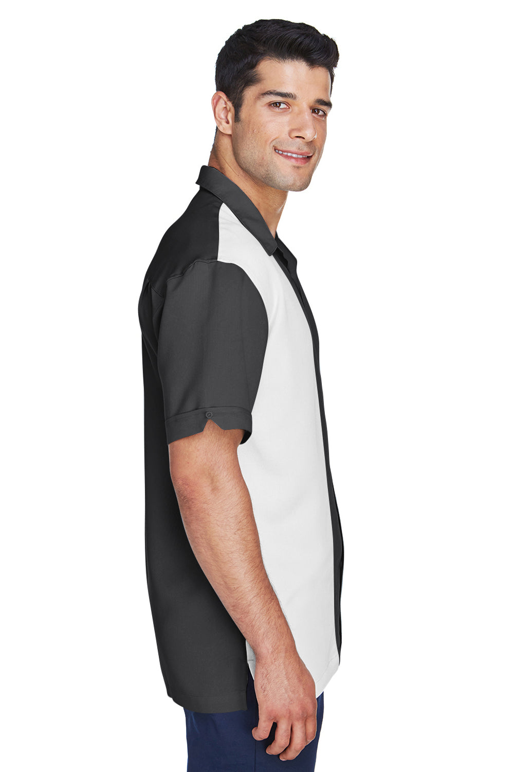 Harriton M575 Mens Bahama Wrinkle Resistant Short Sleeve Button Down Camp Shirt Black/Cream Model Side