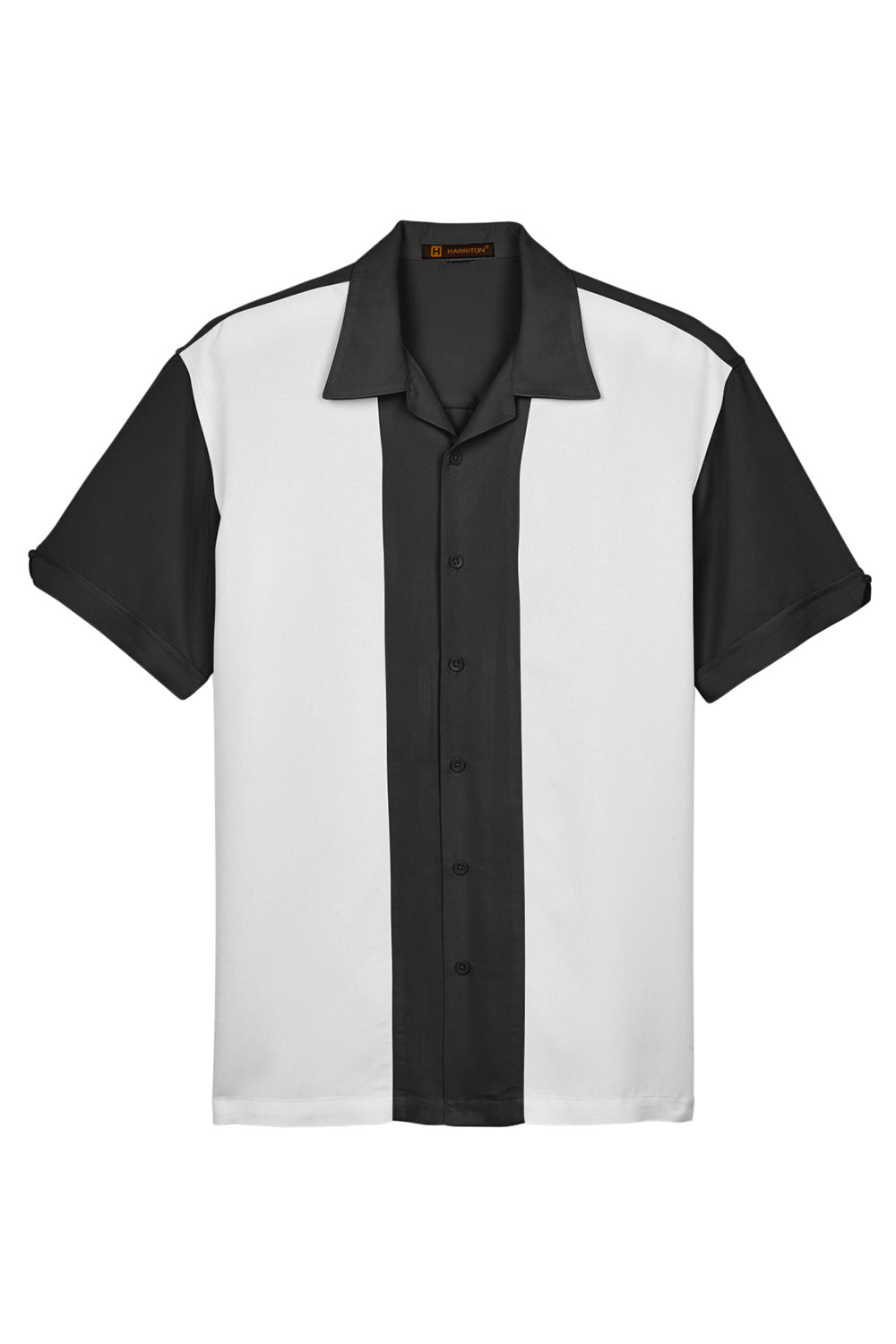 Harriton M575 Mens Bahama Wrinkle Resistant Short Sleeve Button Down Camp Shirt Black/Cream Flat Front