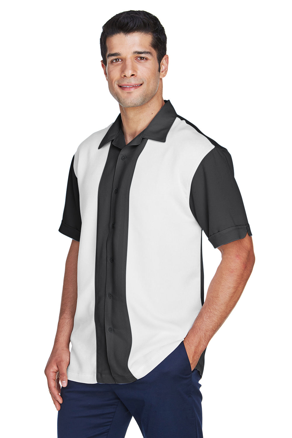 Harriton M575 Mens Bahama Wrinkle Resistant Short Sleeve Button Down Camp Shirt Black/Cream Model 3q