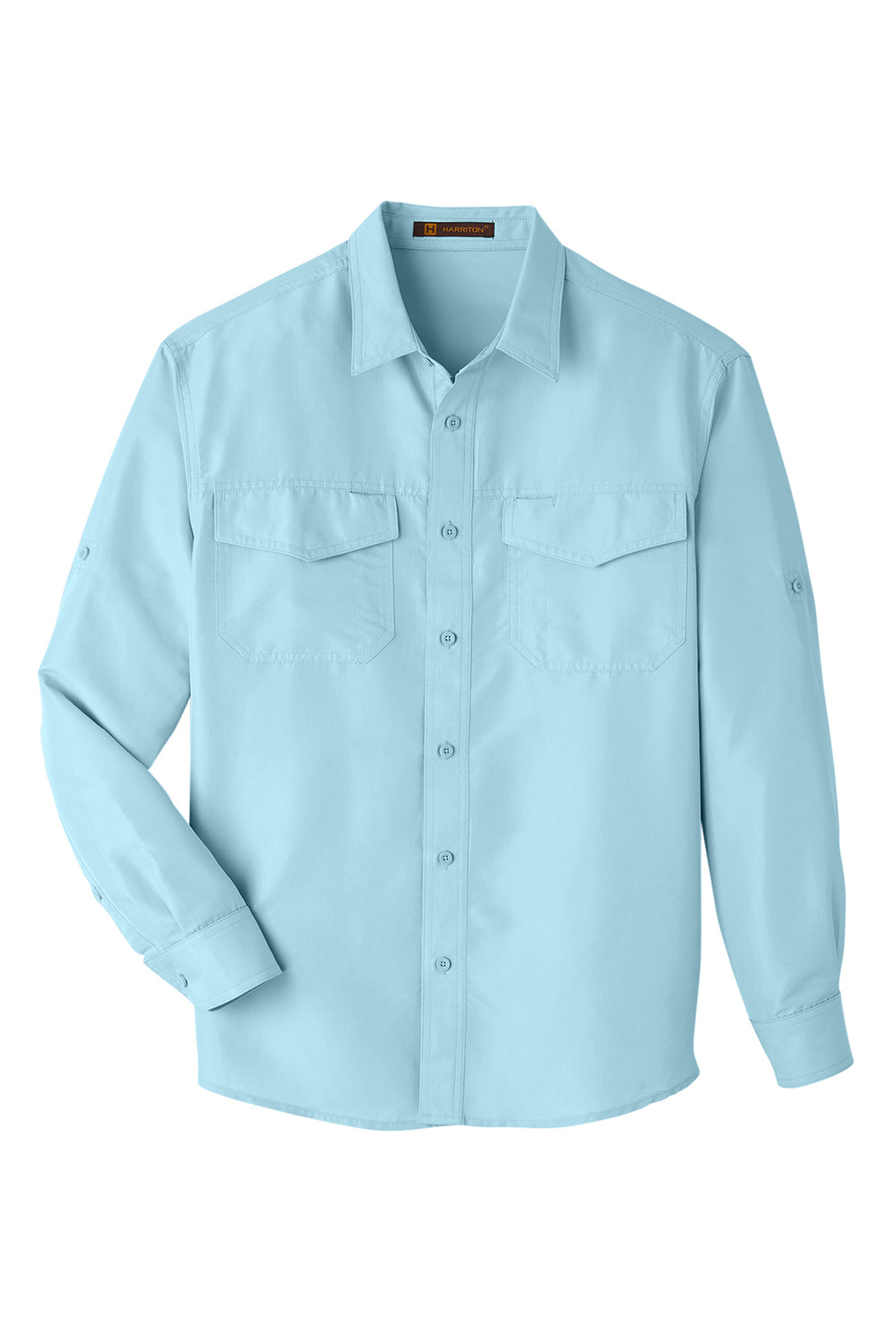 Harriton M580L Mens Key West Performance Moisture Wicking Long Sleeve Button Down Shirt w/ Double Pockets Cloud Blue Flat Front