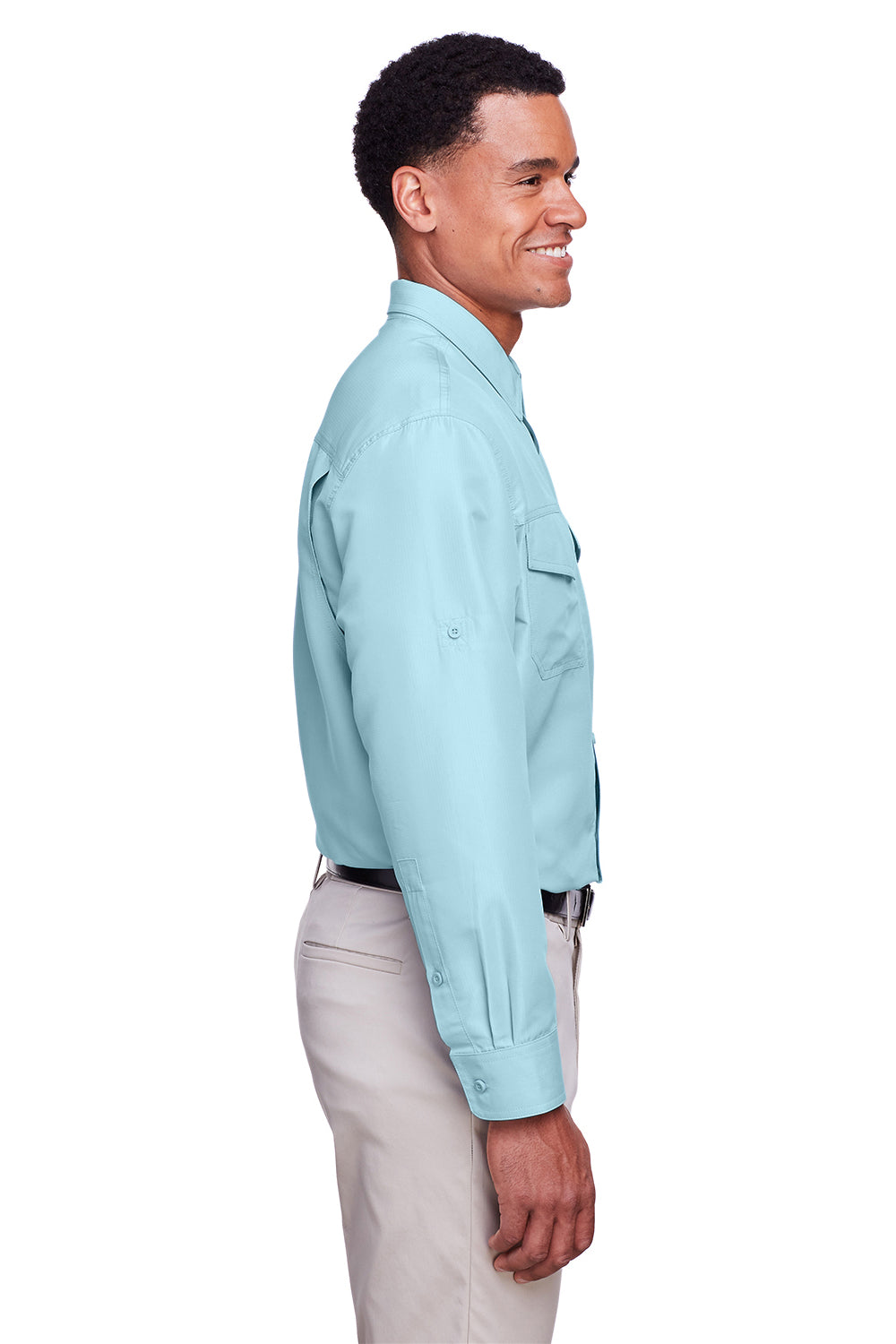 Harriton M580L Mens Key West Performance Moisture Wicking Long Sleeve Button Down Shirt w/ Double Pockets Cloud Blue Model Side
