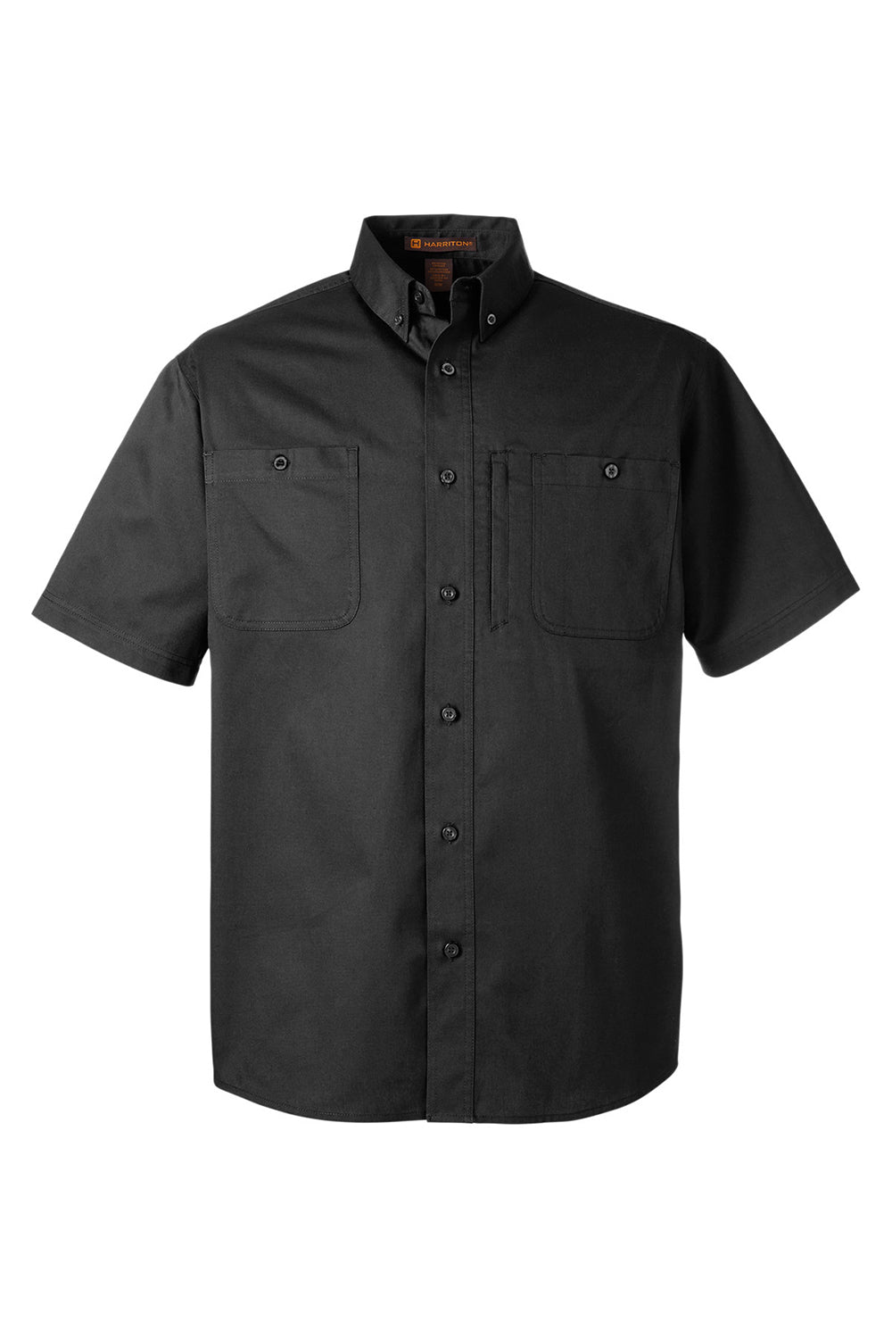 Harriton M585 Mens Advantage Wrinkle Resistant Short Sleeve Button Down Shirt w/ Double Pockets Black Flat Front