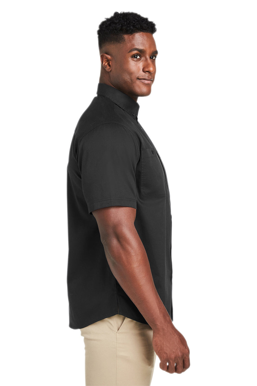 Harriton M585 Mens Advantage Wrinkle Resistant Short Sleeve Button Down Shirt w/ Double Pockets Black Model Side