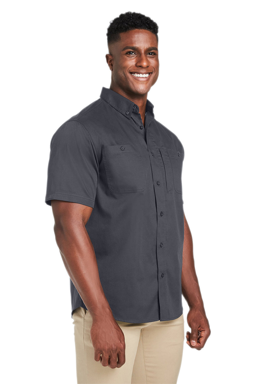 Harriton M585 Mens Advantage Wrinkle Resistant Short Sleeve Button Down Shirt w/ Double Pockets Dark Charcoal Grey Model 3q