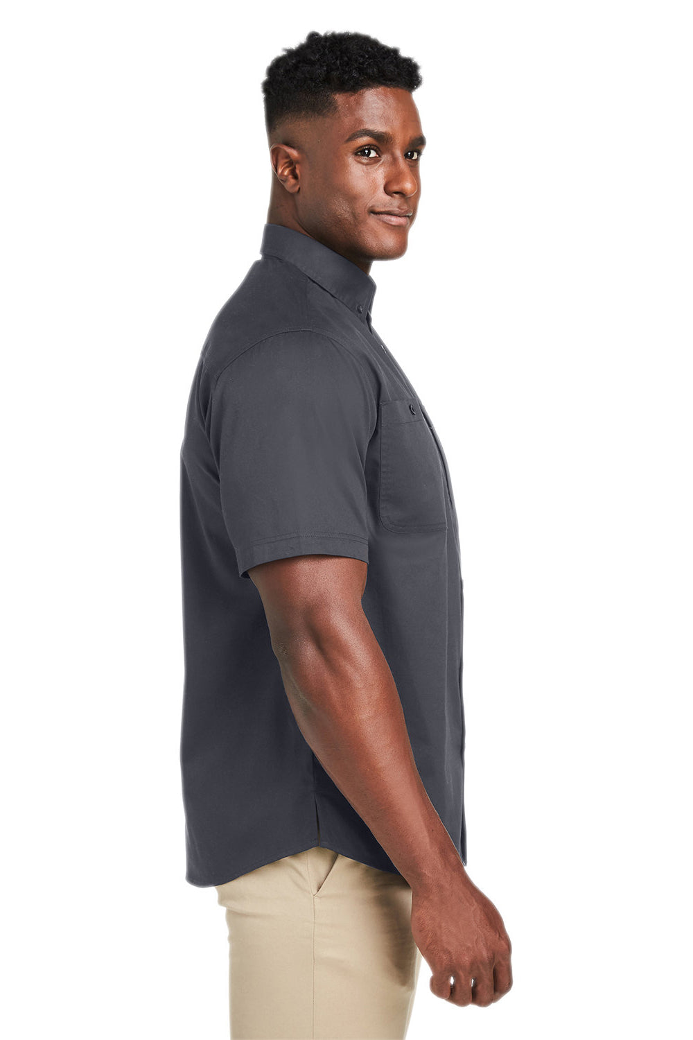 Harriton M585 Mens Advantage Wrinkle Resistant Short Sleeve Button Down Shirt w/ Double Pockets Dark Charcoal Grey Model Side