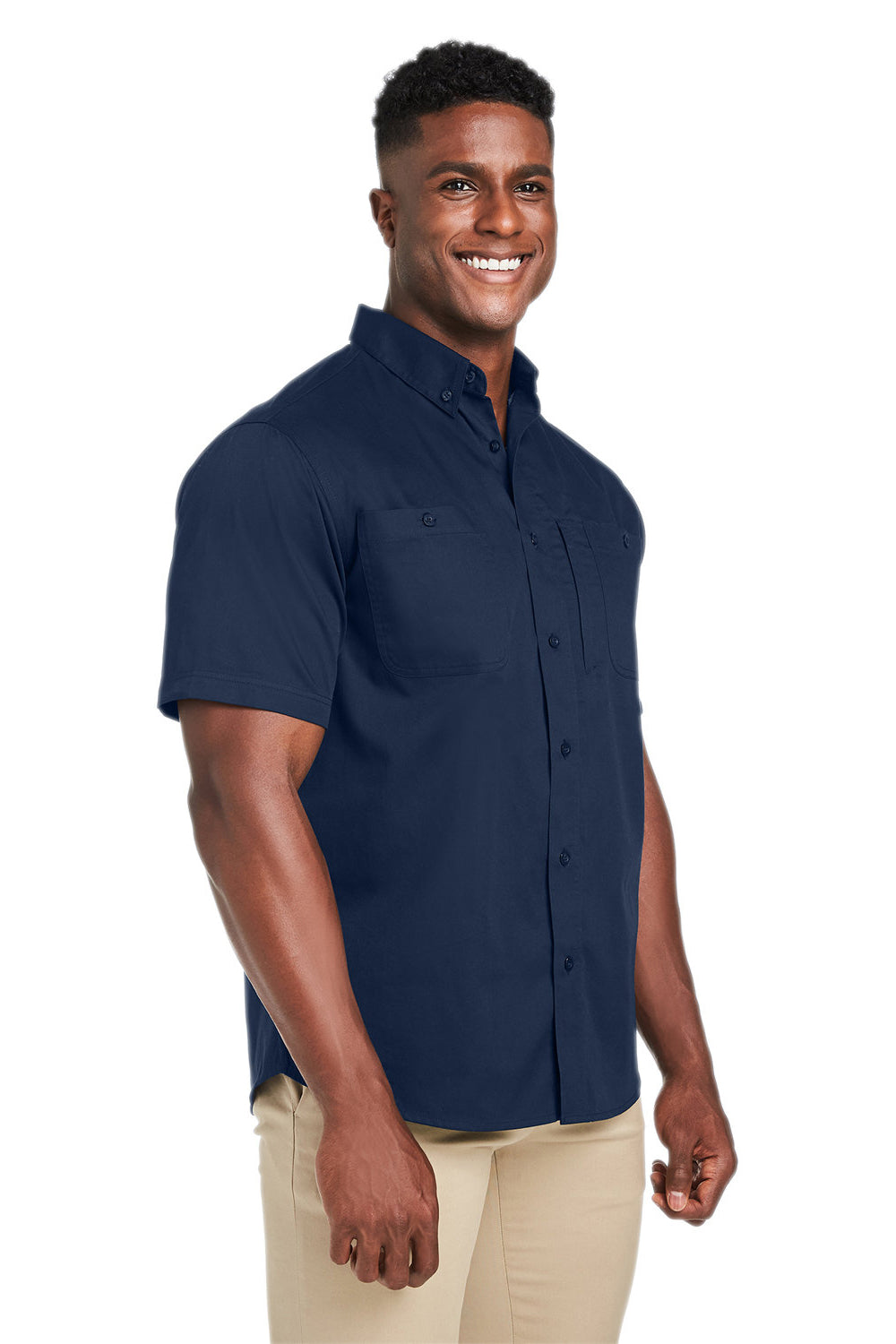 Harriton M585 Mens Advantage Wrinkle Resistant Short Sleeve Button Down Shirt w/ Double Pockets Dark Navy Blue Model 3q