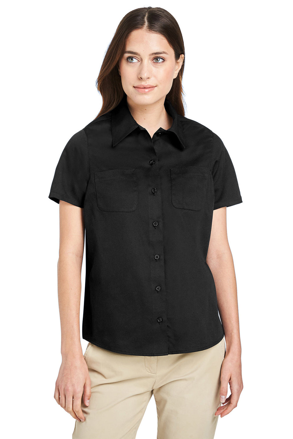 Harriton M585W Womens Advantage Wrinkle Resistant Short Sleeve Button Down Shirt w/ Double Pockets Black Model Front