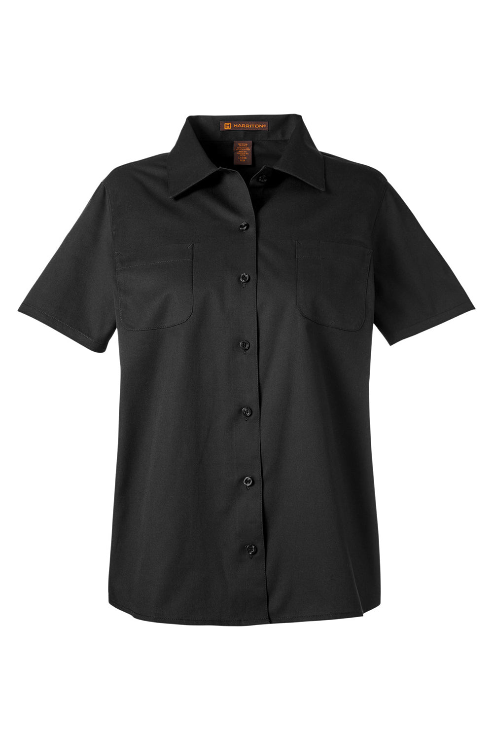 Harriton M585W Womens Advantage Wrinkle Resistant Short Sleeve Button Down Shirt w/ Double Pockets Black Flat Front