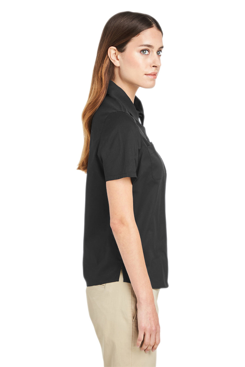 Harriton M585W Womens Advantage Wrinkle Resistant Short Sleeve Button Down Shirt w/ Double Pockets Black Model Side