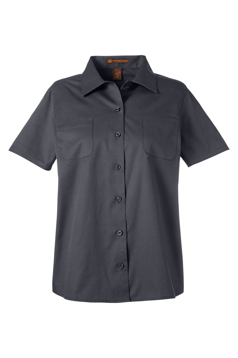 Harriton M585W Womens Advantage Wrinkle Resistant Short Sleeve Button Down Shirt w/ Double Pockets Dark Charcoal Grey Flat Front