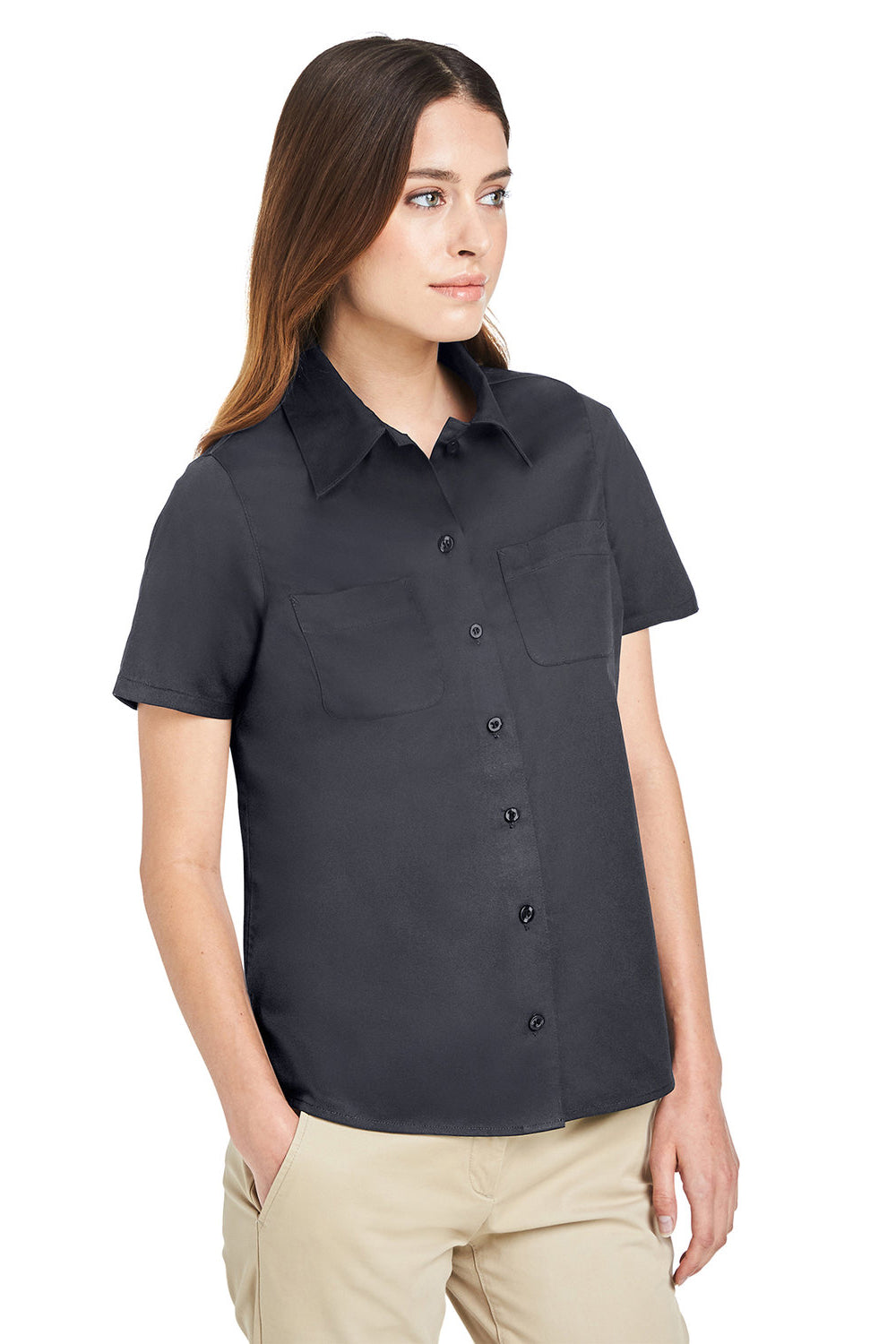 Harriton M585W Womens Advantage Wrinkle Resistant Short Sleeve Button Down Shirt w/ Double Pockets Dark Charcoal Grey Model 3q