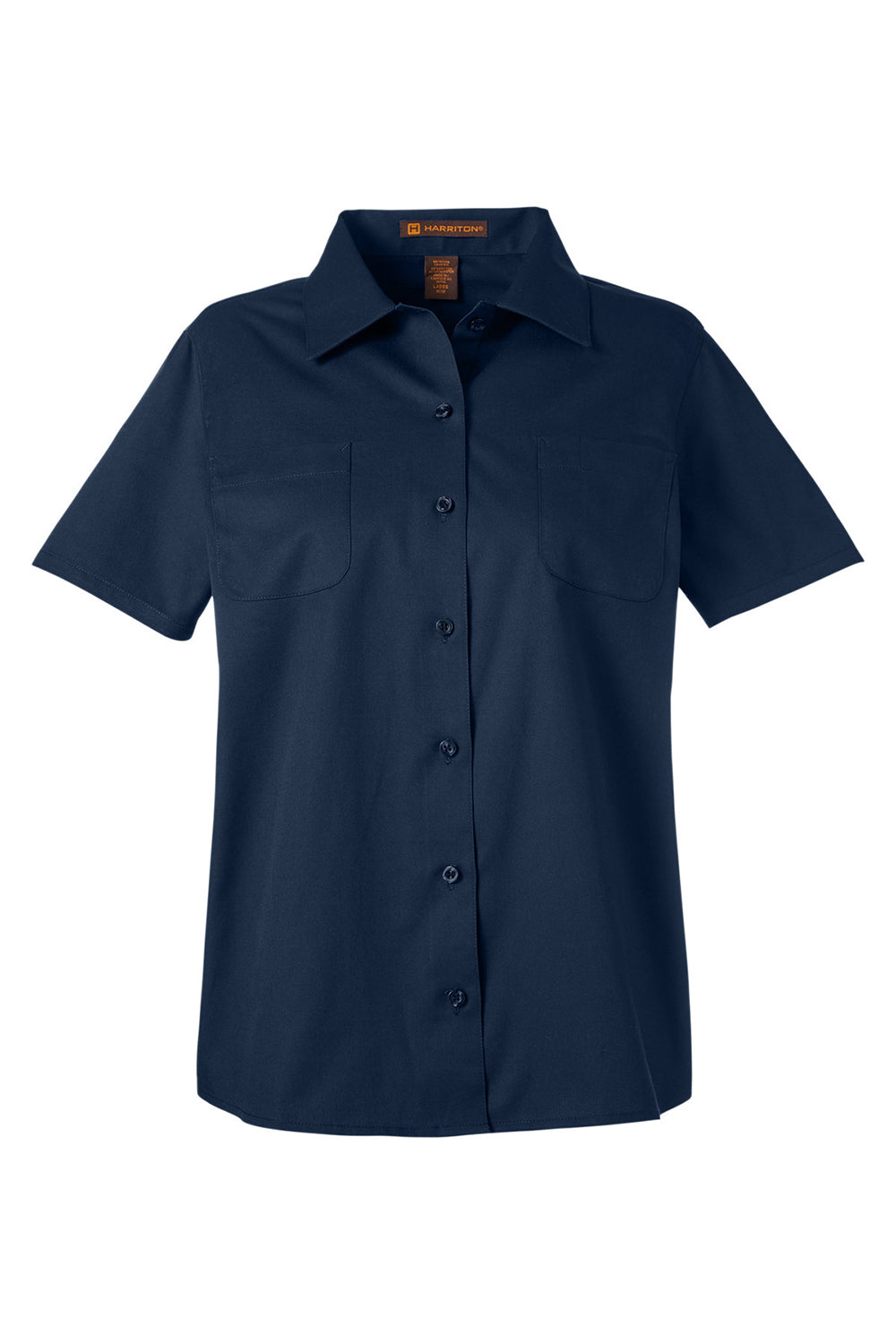 Harriton M585W Womens Advantage Wrinkle Resistant Short Sleeve Button Down Shirt w/ Double Pockets Dark Navy Blue Flat Front