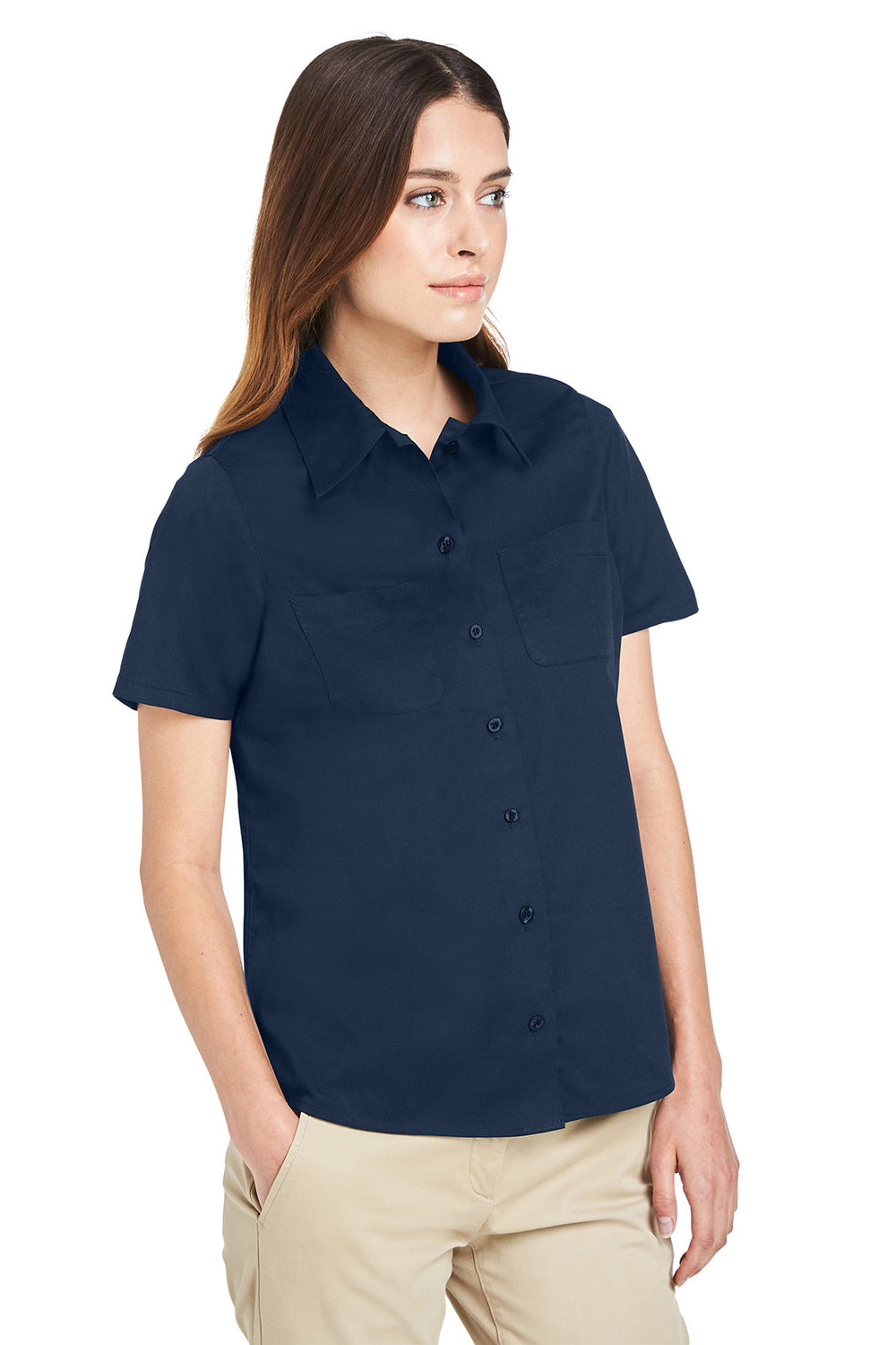 Harriton M585W Womens Advantage Wrinkle Resistant Short Sleeve Button Down Shirt w/ Double Pockets Dark Navy Blue Model 3q