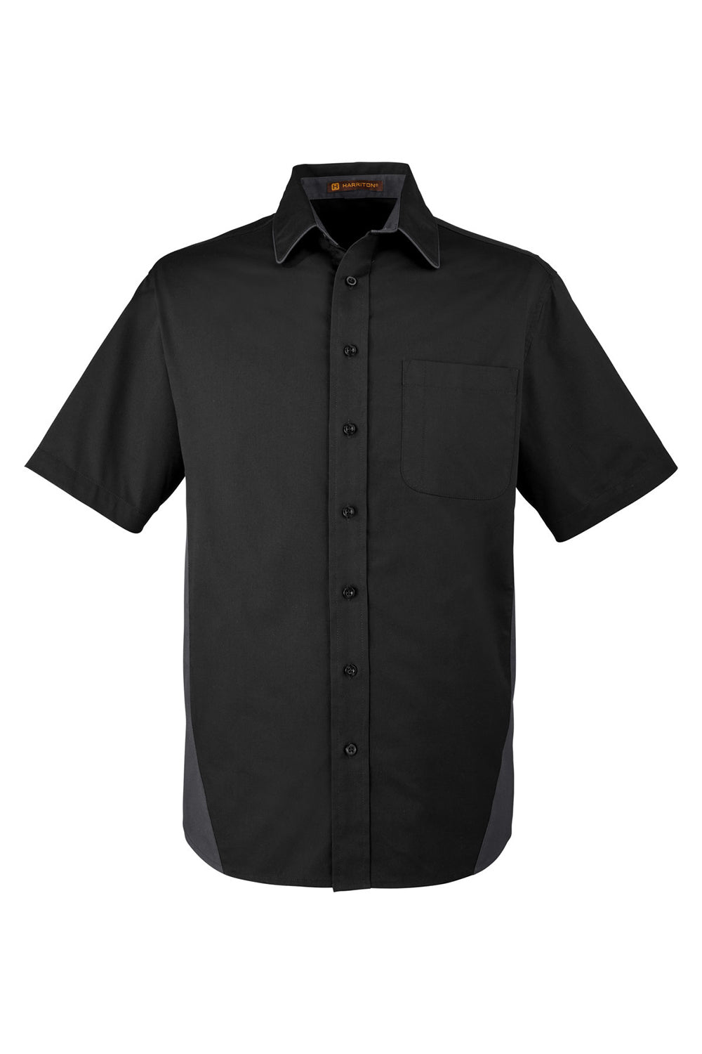 Harriton M586/M586T Mens Flash Colorblock Wrinkle Resistant Short Sleeve Button Down Shirt w/ Pocket Black/Dark Charcoal Grey Flat Front