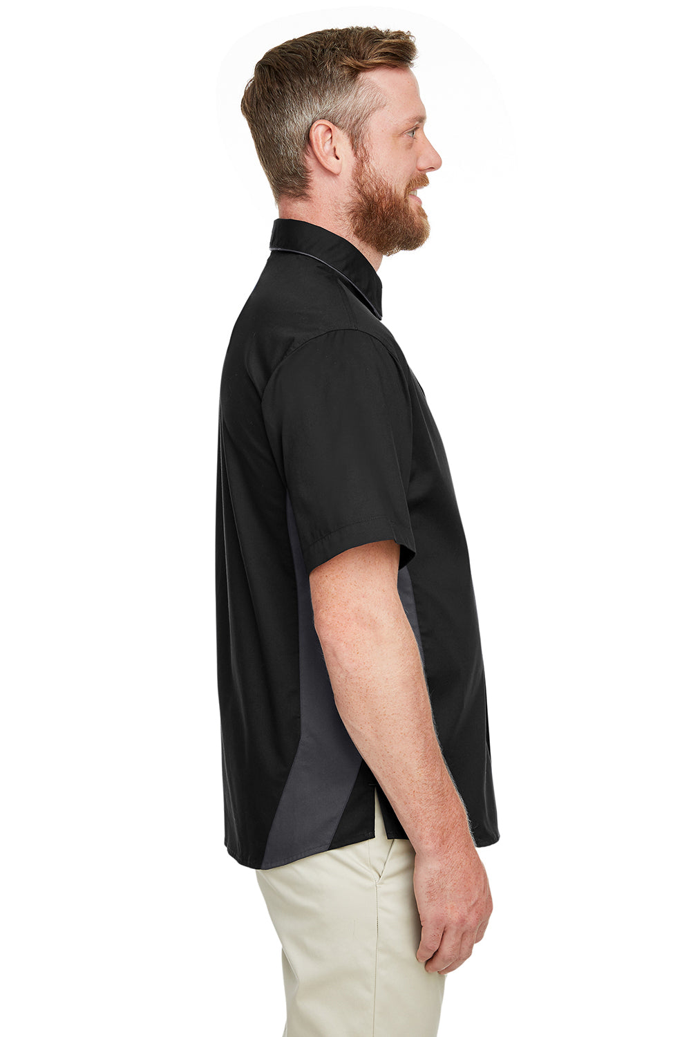 Harriton M586/M586T Mens Flash Colorblock Wrinkle Resistant Short Sleeve Button Down Shirt w/ Pocket Black/Dark Charcoal Grey Model Side