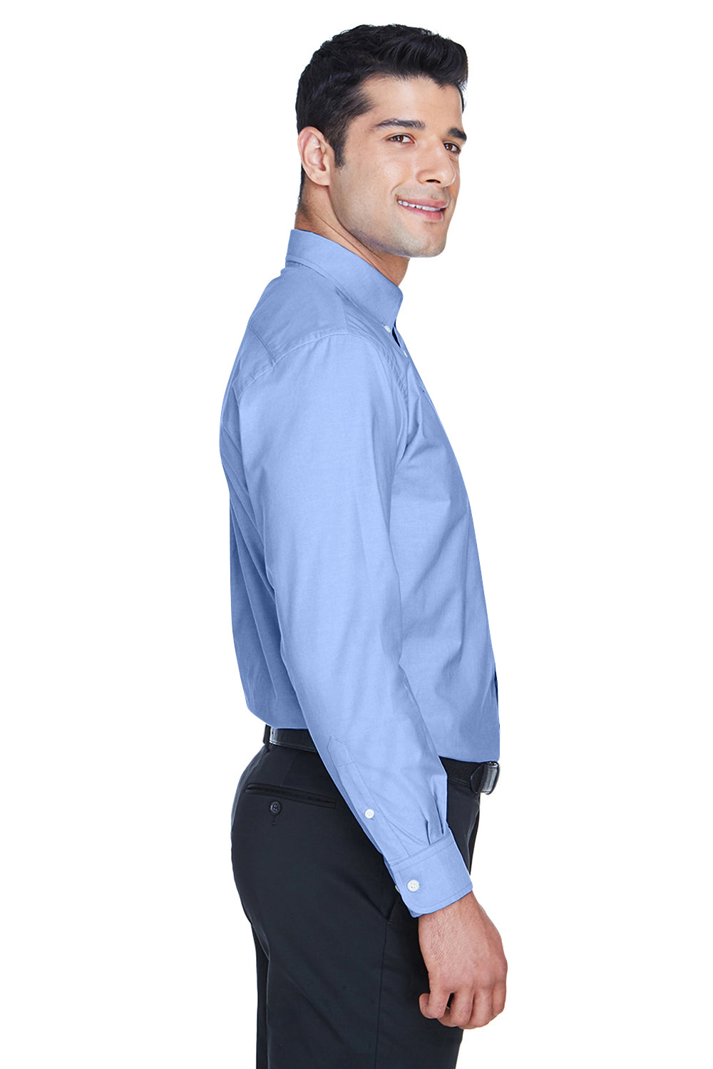 Harriton M600 Mens Oxford Wrinkle Resistant Long Sleeve Button Down Shirt w/ Pocket Light Blue Model Side