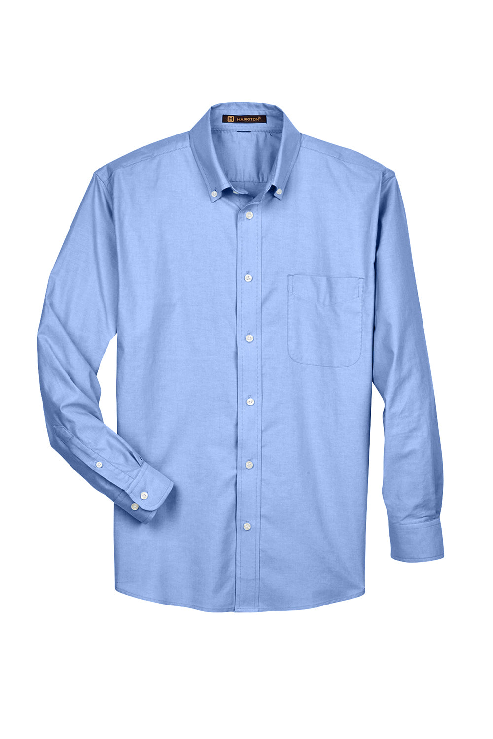 Harriton M600 Mens Oxford Wrinkle Resistant Long Sleeve Button Down Shirt w/ Pocket Light Blue Flat Front