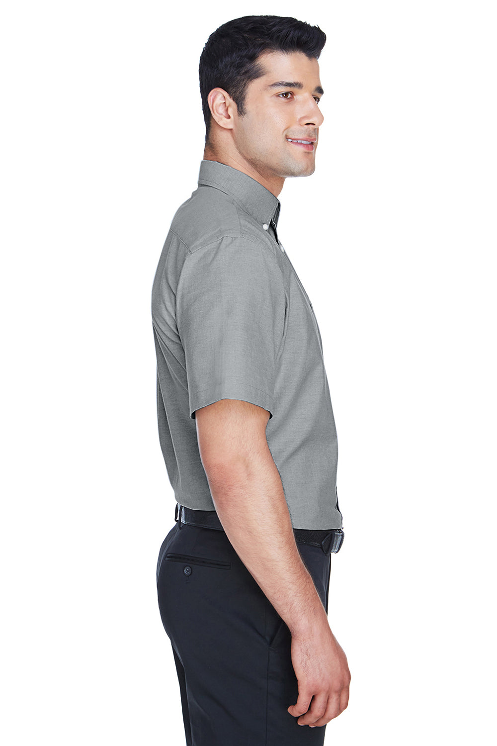 Harriton M600S Mens Oxford Wrinkle Resistant Short Sleeve Button Down Shirt w/ Pocket Oxford Grey Model Side