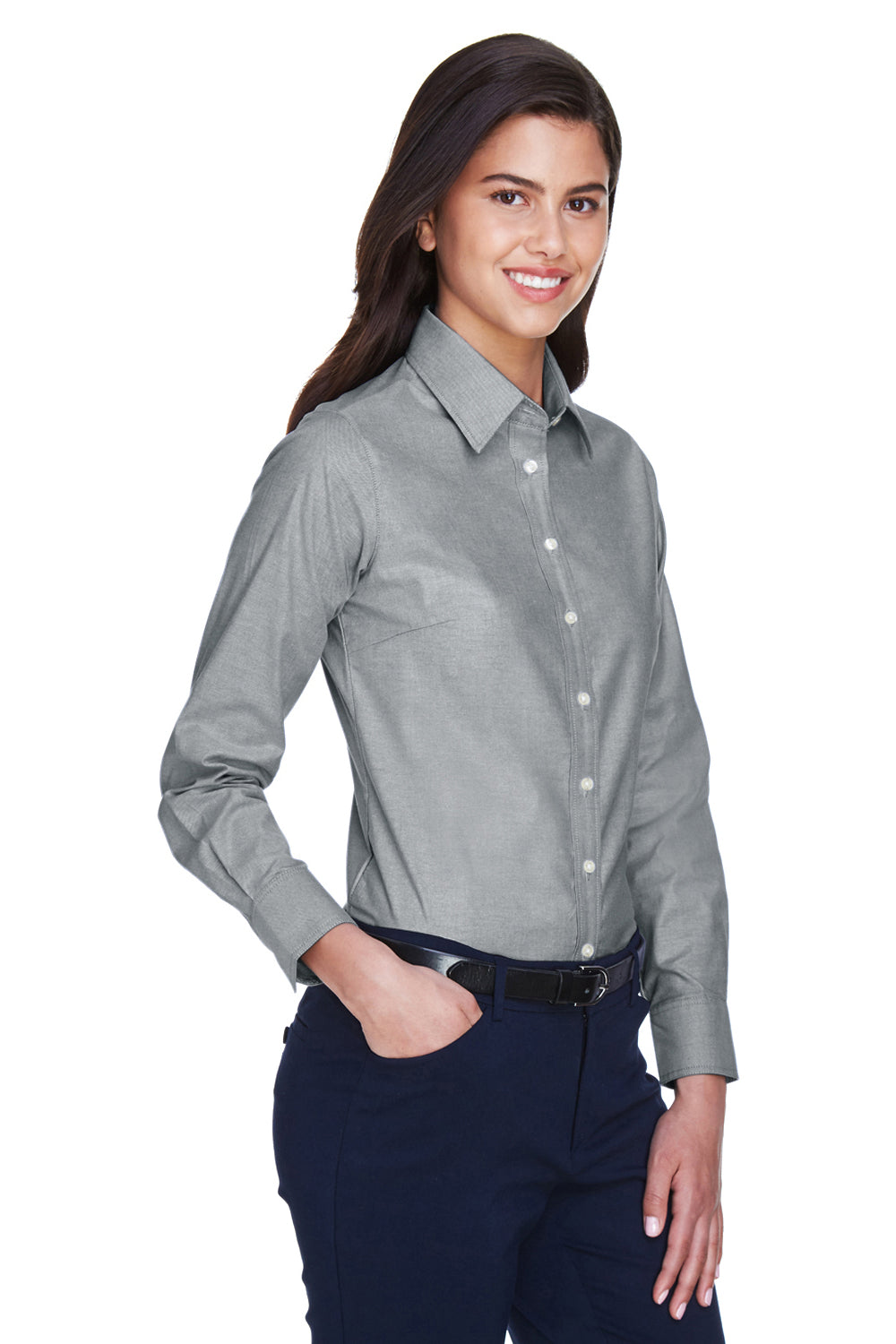 Harriton M600W Womens Oxford Wrinkle Resistant Long Sleeve Button Down Shirt Oxford Grey Model 3q
