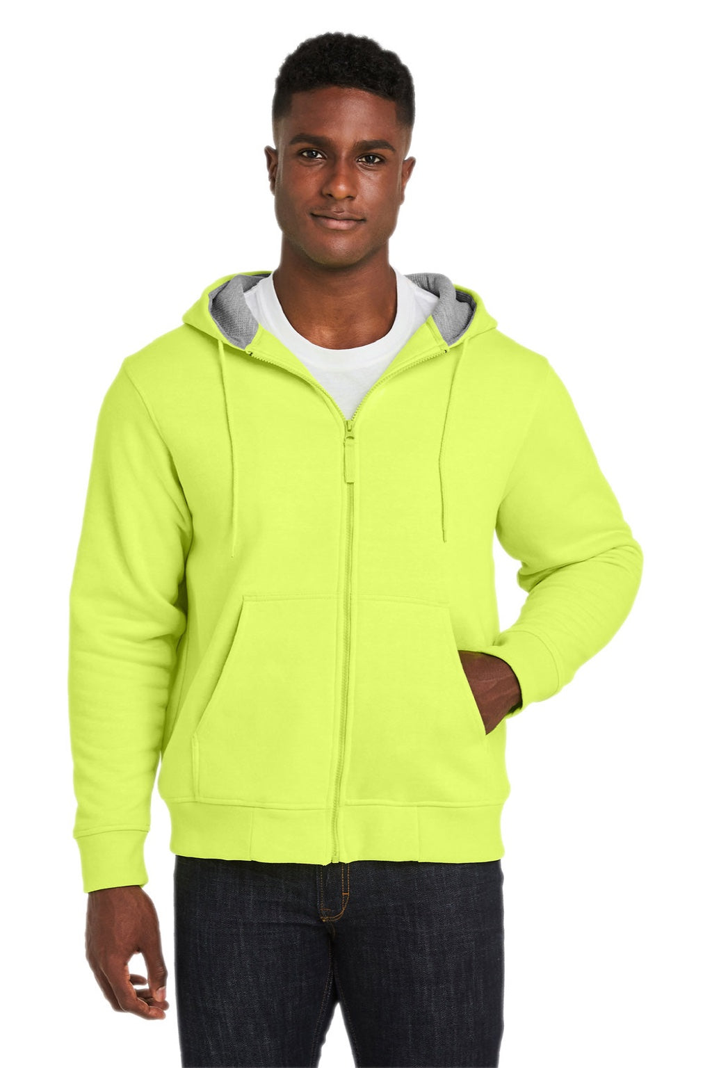 Harriton M711/M711T Mens Climabloc Water Resistant Full Zip Hooded Sweatshirt Hoodie w/ Pockets Safety Yellow Model Front