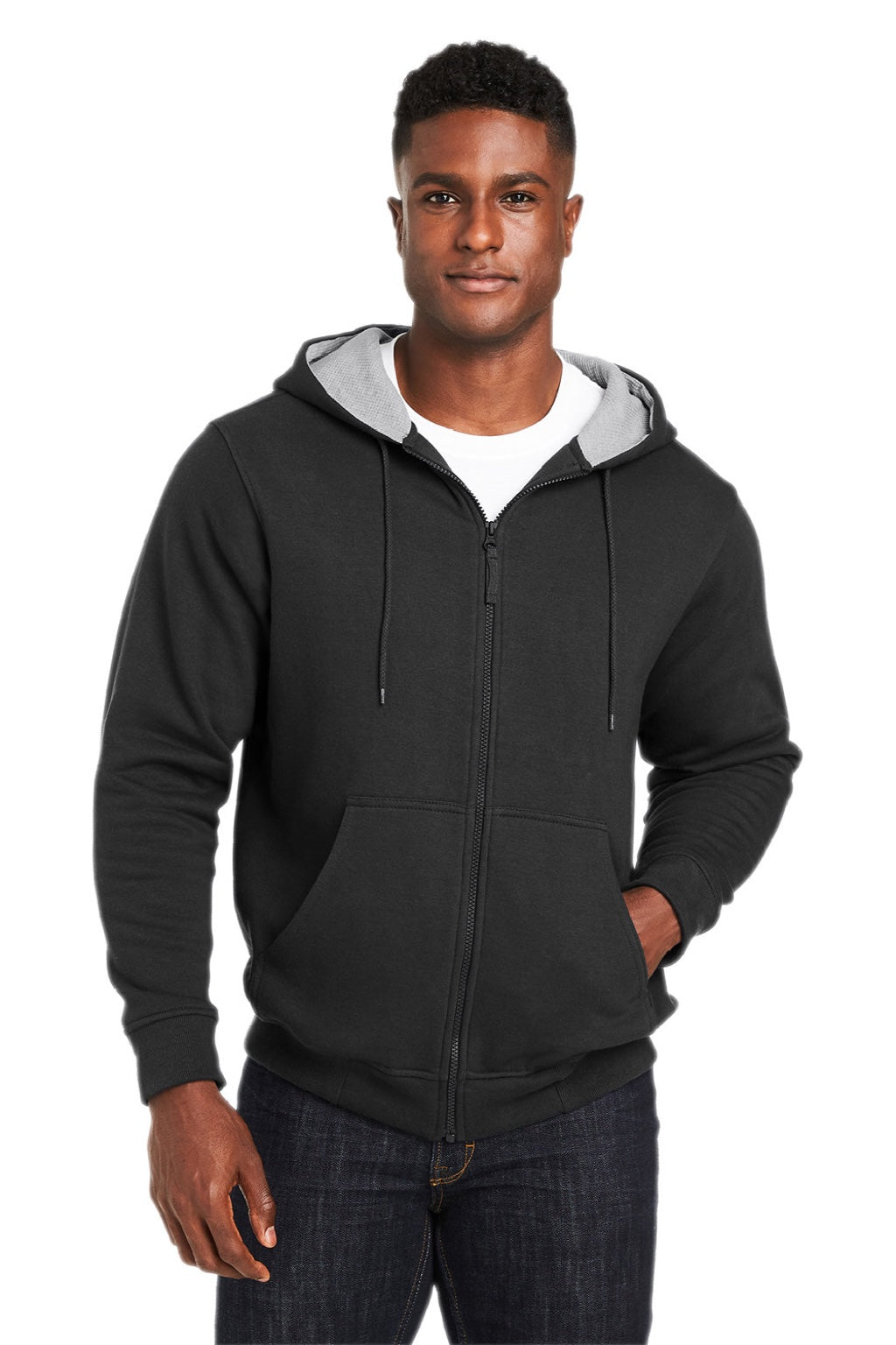 Harriton M711/M711T Mens Climabloc Water Resistant Full Zip Hooded Sweatshirt Hoodie w/ Pockets Black Model Front