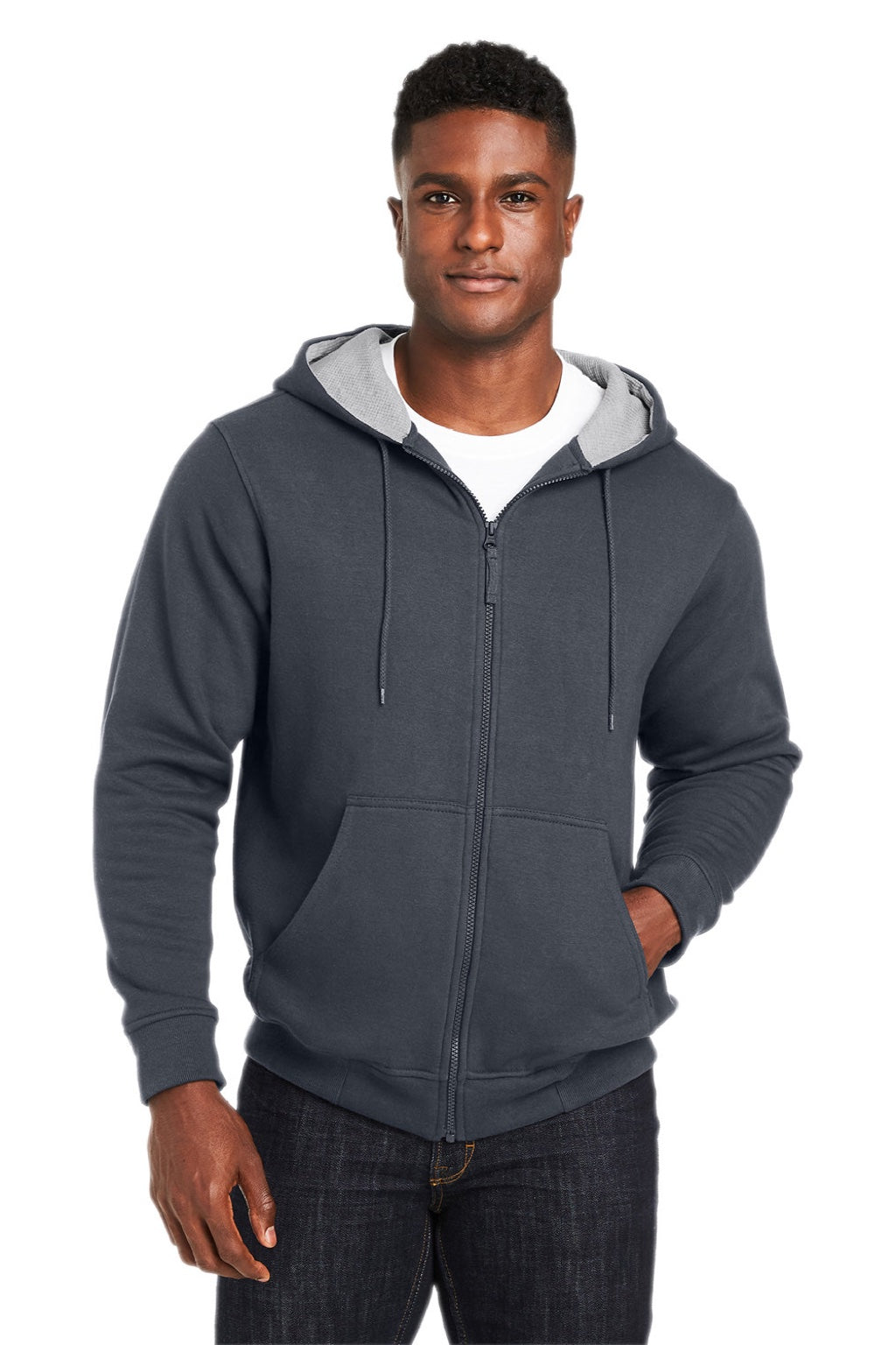 Harriton M711/M711T Mens Climabloc Water Resistant Full Zip Hooded Sweatshirt Hoodie w/ Pockets Dark Charcoal Grey Model Front