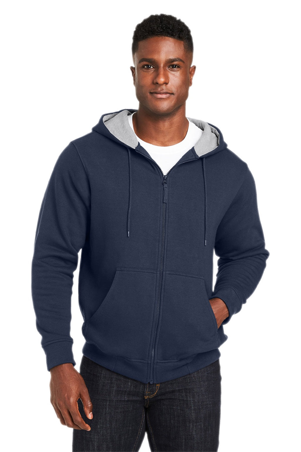 Harriton M711/M711T Mens Climabloc Water Resistant Full Zip Hooded Sweatshirt Hoodie w/ Pockets Dark Navy Blue Model Front