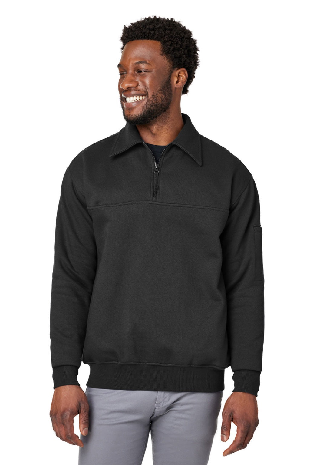Harriton M712 Mens Climabloc Water Resistant 1/4 Zip Sweatshirt w/ Pocket Black Model Front