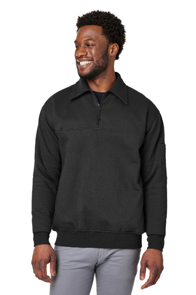 Harriton M712 Mens Climabloc Water Resistant 1/4 Zip Sweatshirt w/ Pocket Black Model Front