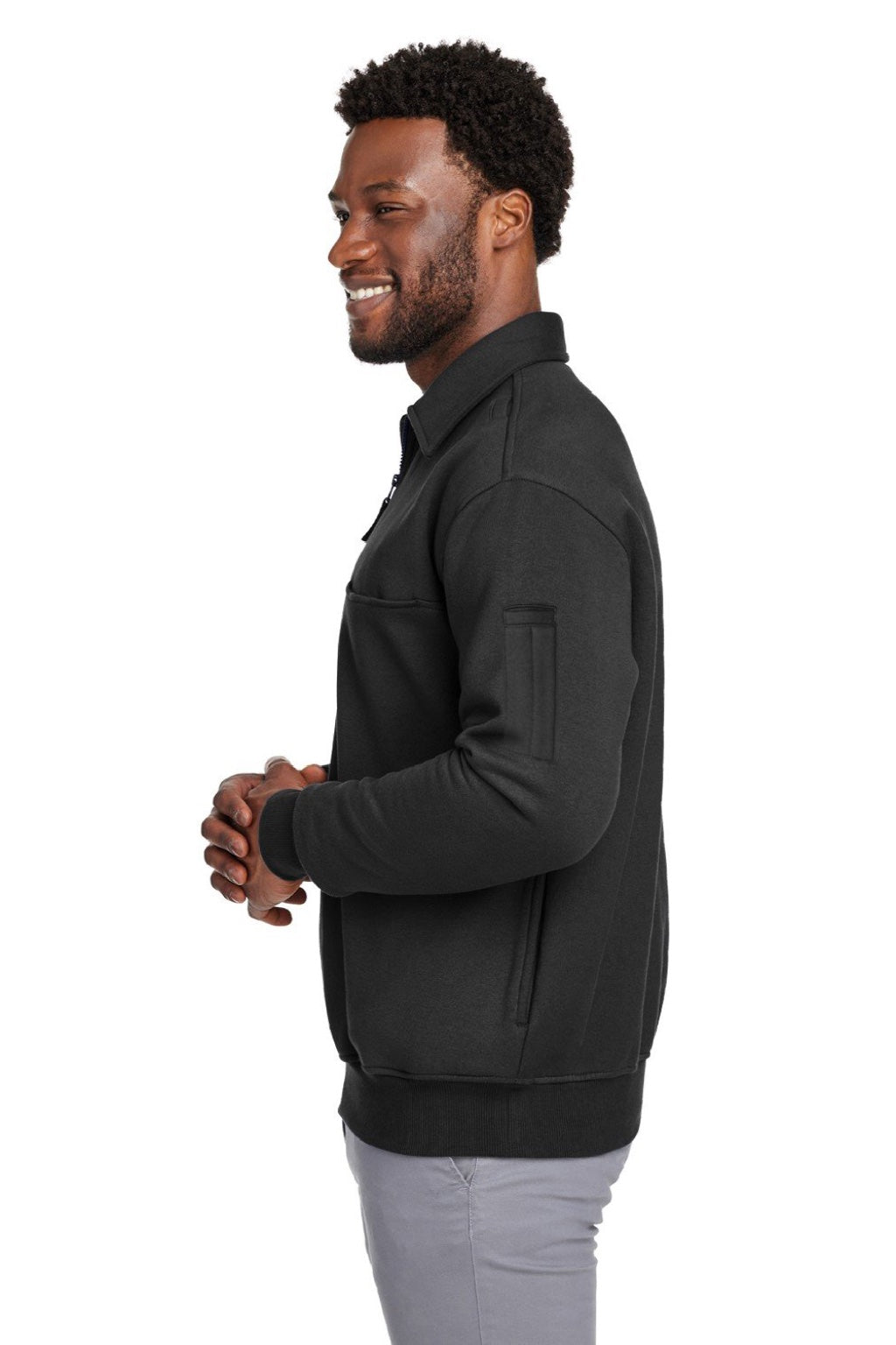 Harriton M712 Mens Climabloc Water Resistant 1/4 Zip Sweatshirt w/ Pocket Black Model Side