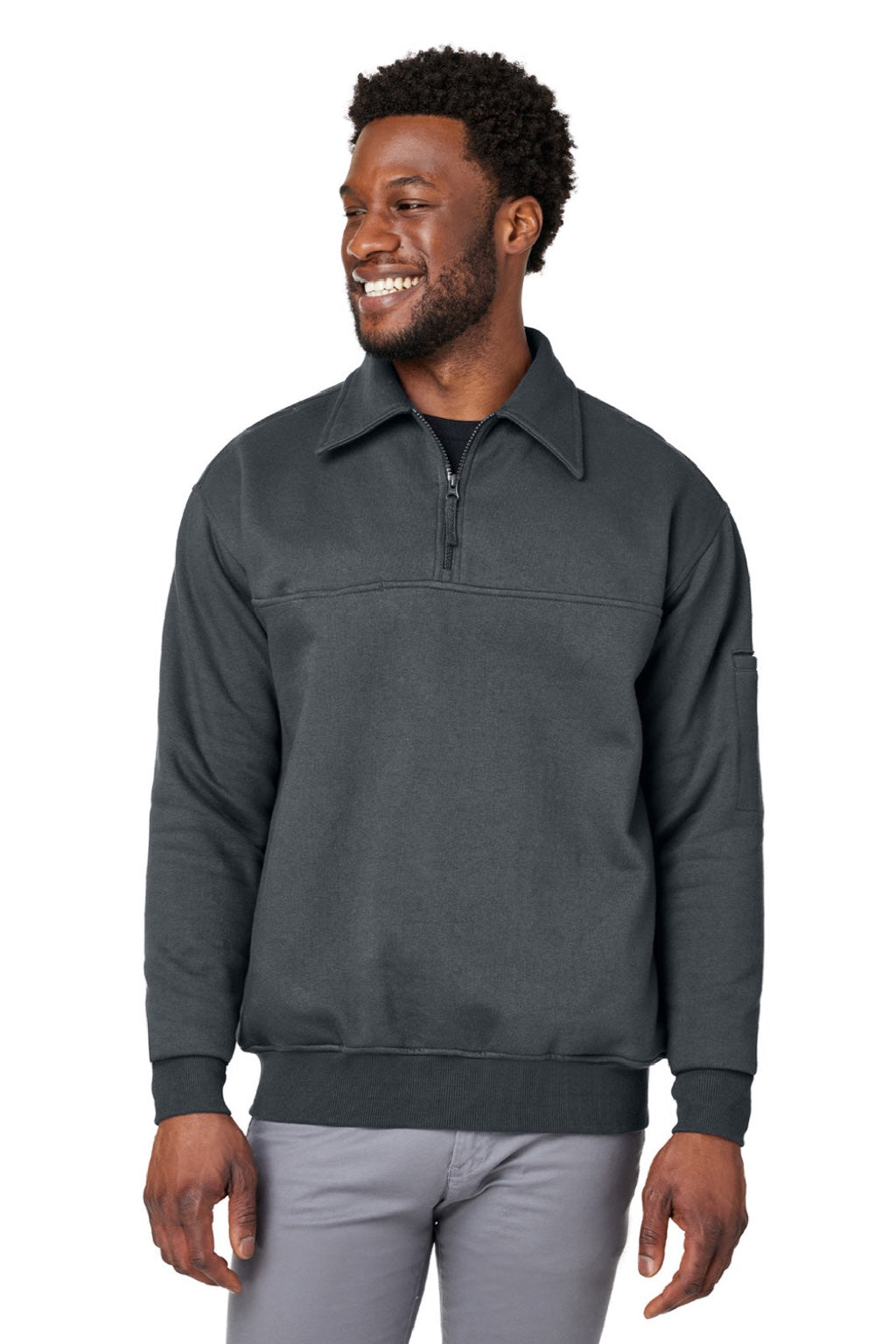 Harriton M712 Mens Climabloc Water Resistant 1/4 Zip Sweatshirt w/ Pocket Dark Charcoal Grey Model Front